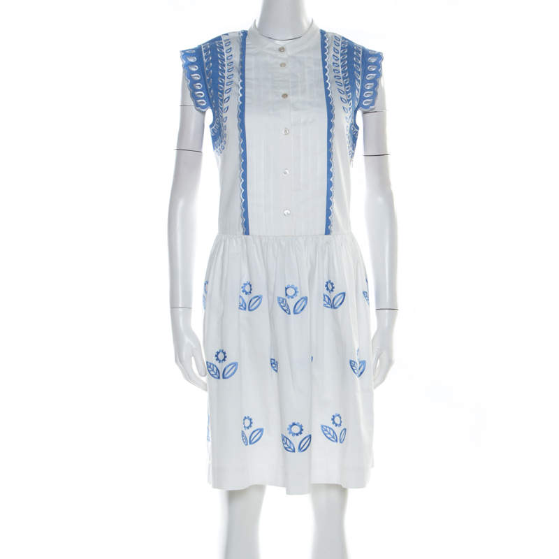 Pre Owned Temperley London White and Blue Embroidered Cotton Scalloped Gilda Dress M