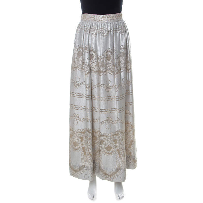 Temperley London Silver Metallic Silk Blend Pearl Maxi Skirt S