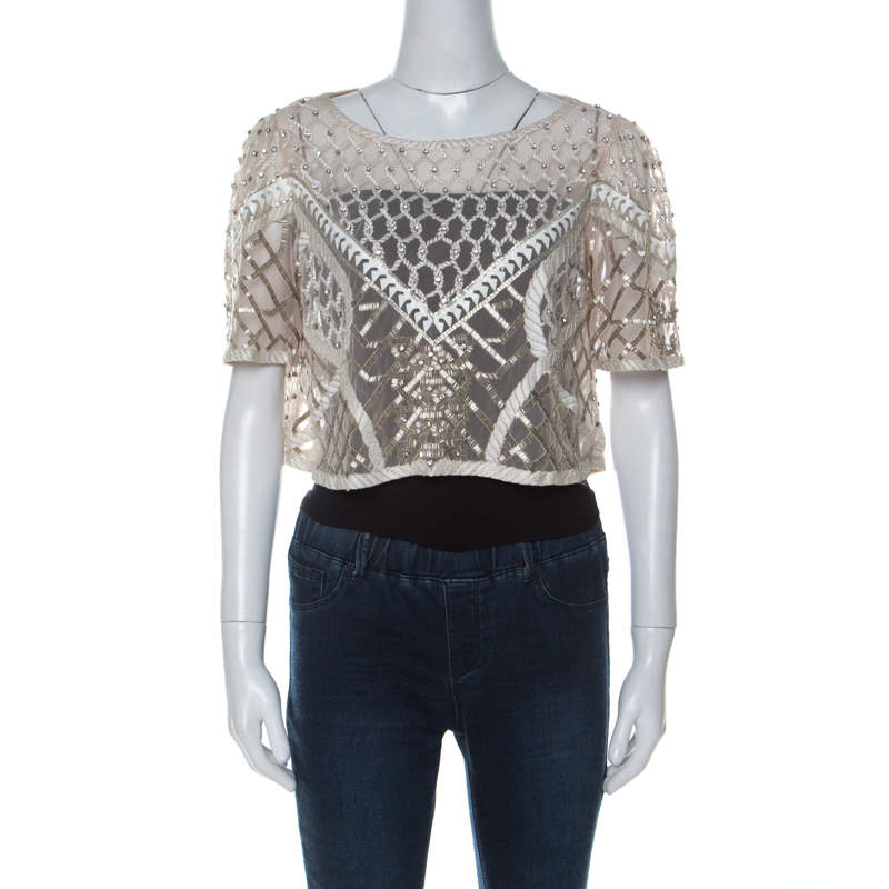 Temperley London Cream Embellished Sand Tulle Crop Top L