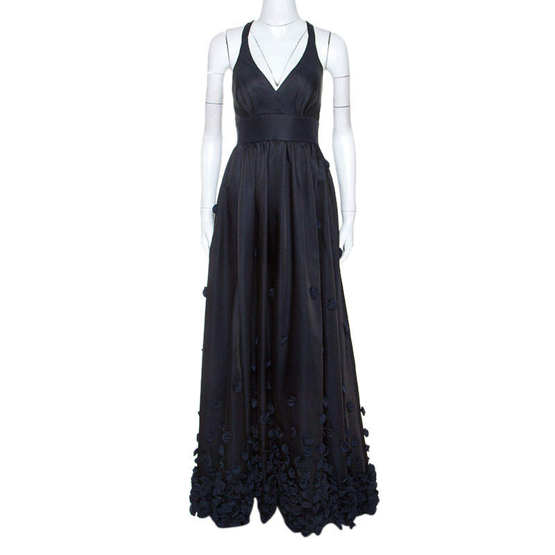 Temperley Black & Navy Blue Satin Floral Applique Detail Gown S
