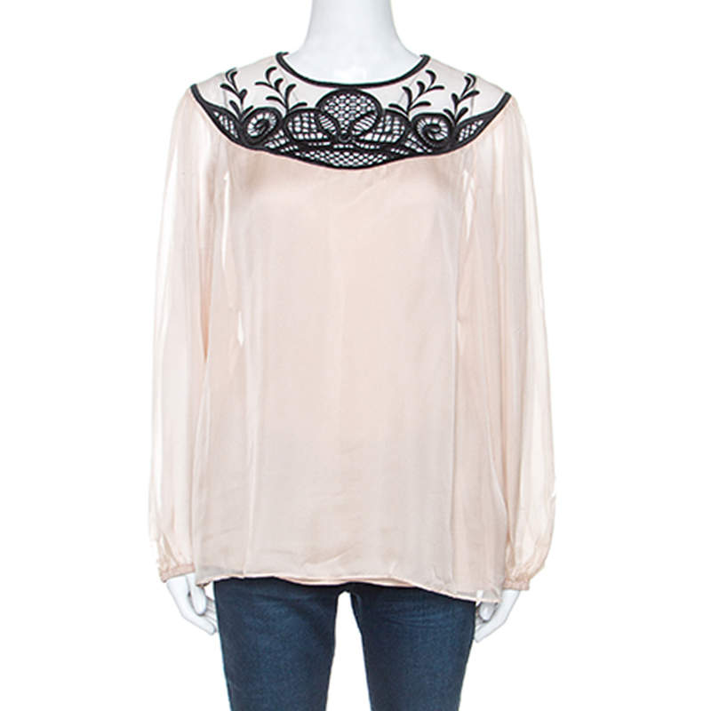 Temperley Pale Pink Chiffon Contrast Embroidery Detail Blouse L