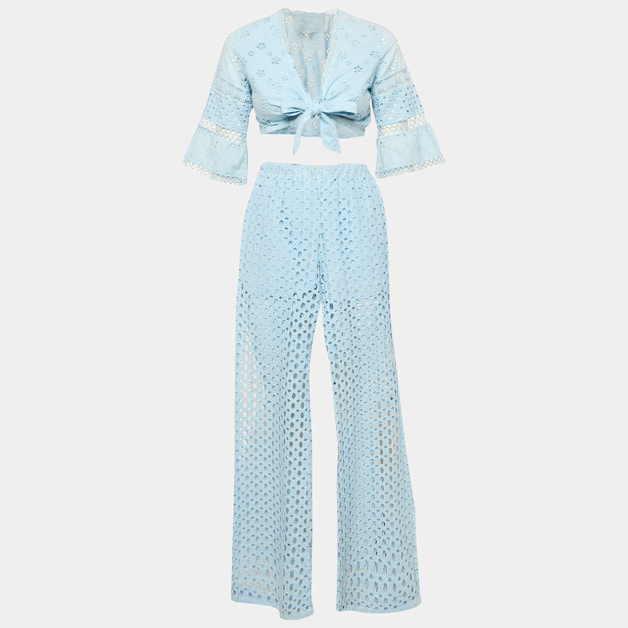 Pre Owned   Temptation Positano Blue Broderie Anglaise Wrap top and Pants Set XS