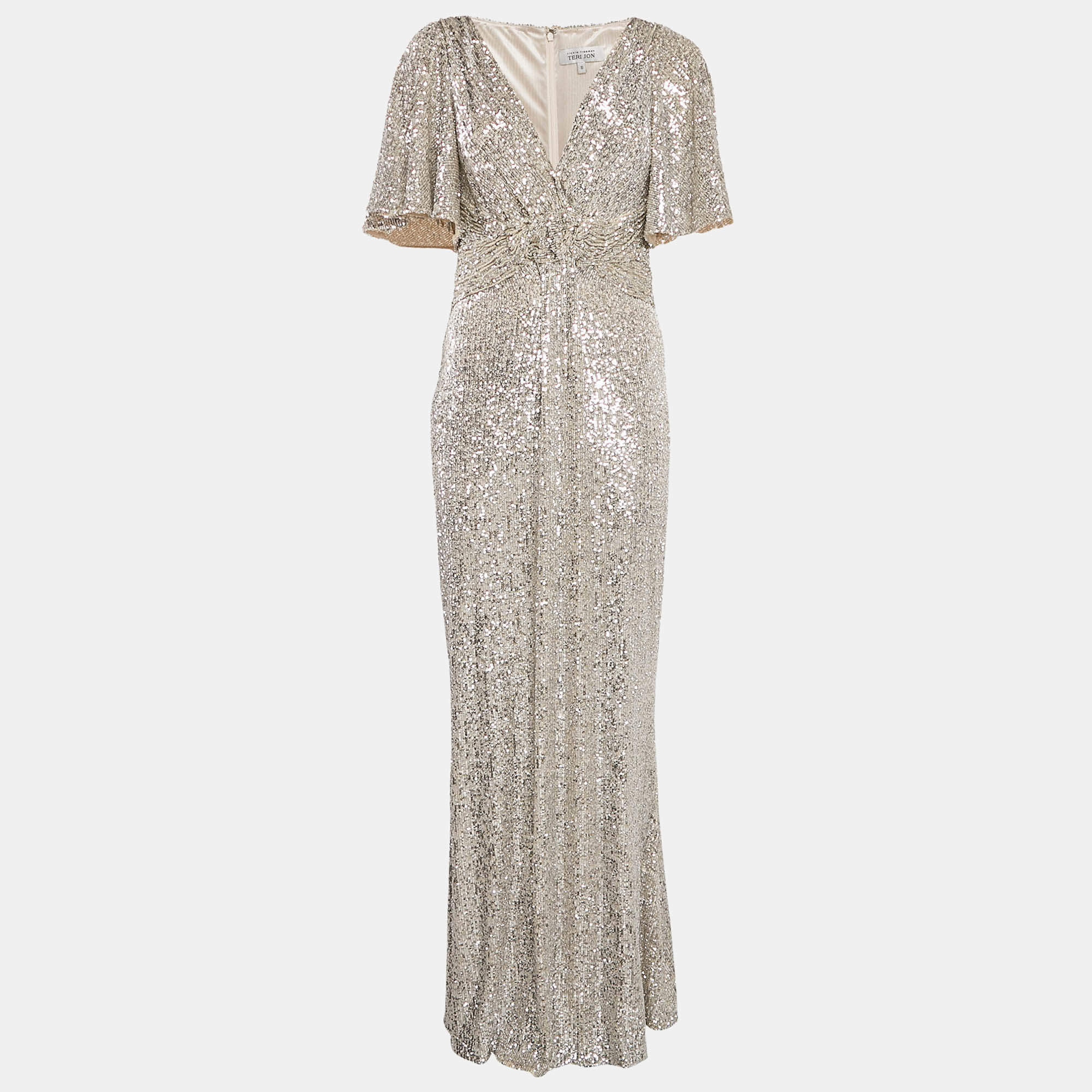 Pre Owned TERI JON by Rickie Freeman Metallic Sequin Knit V-Neck Maxi Dress M