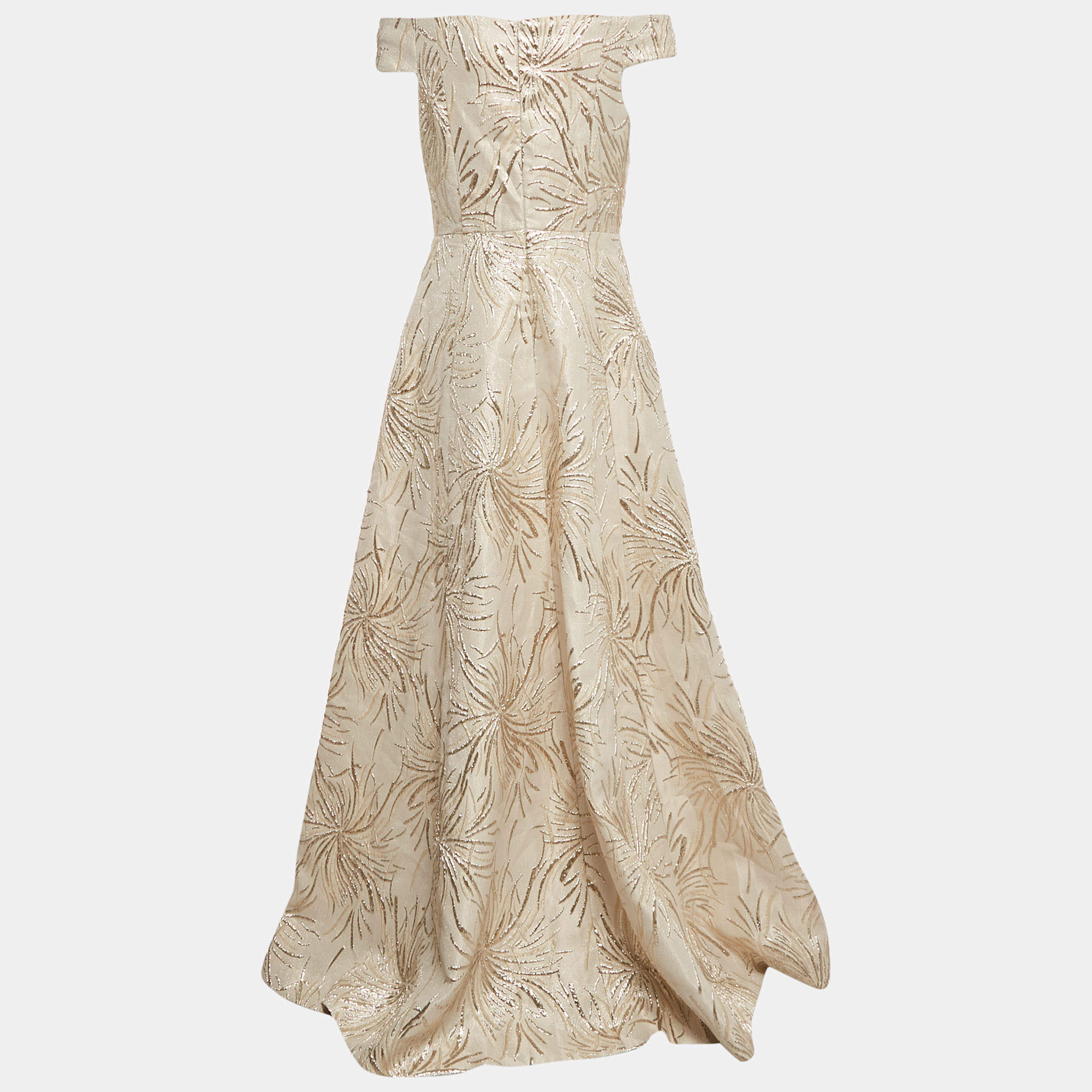 Teri Jon Light Beige Lurex Jacquard Off-Shoulder Gown M