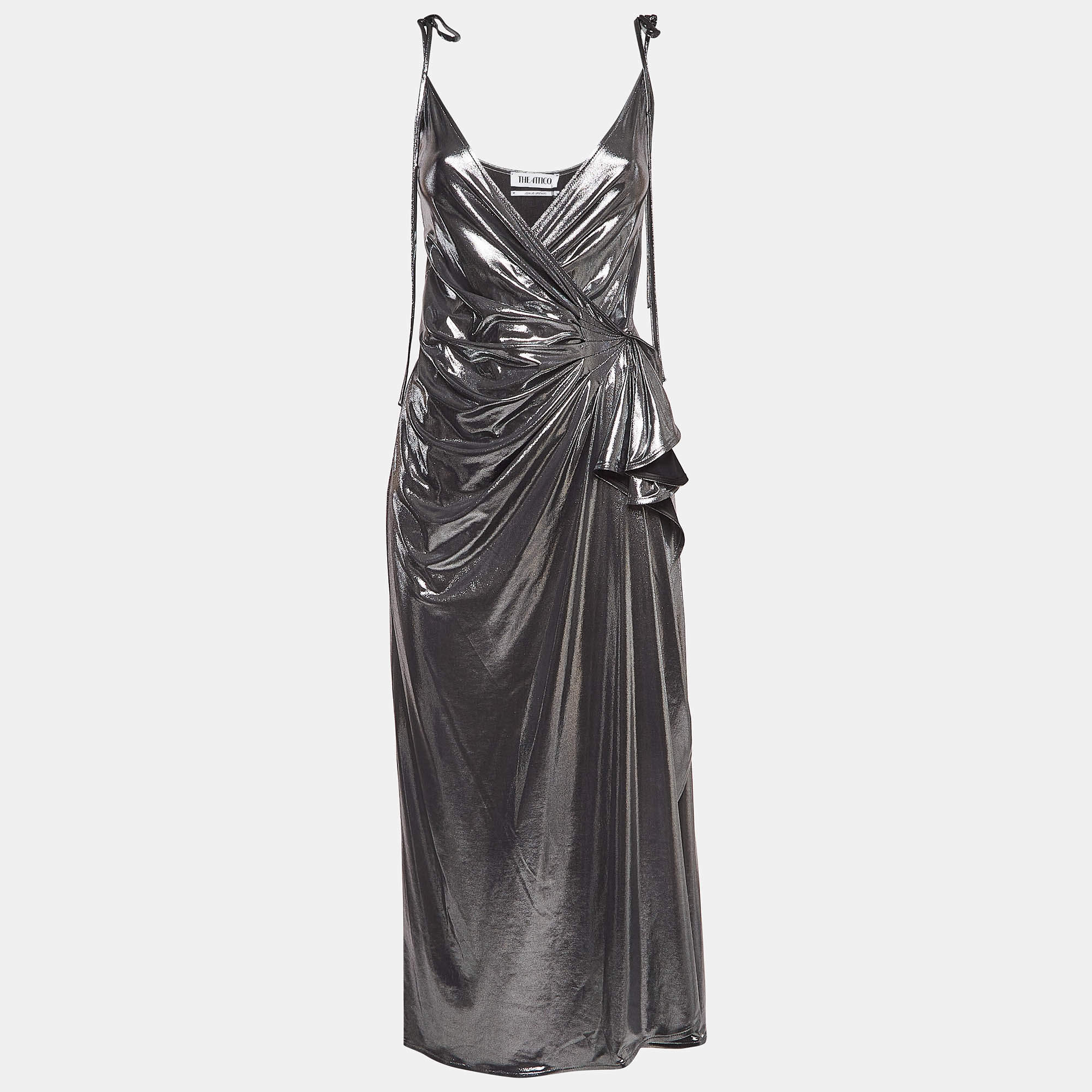 Pre Owned The Attico Metallic Silver Lamé Fan Detail Long Dress S
