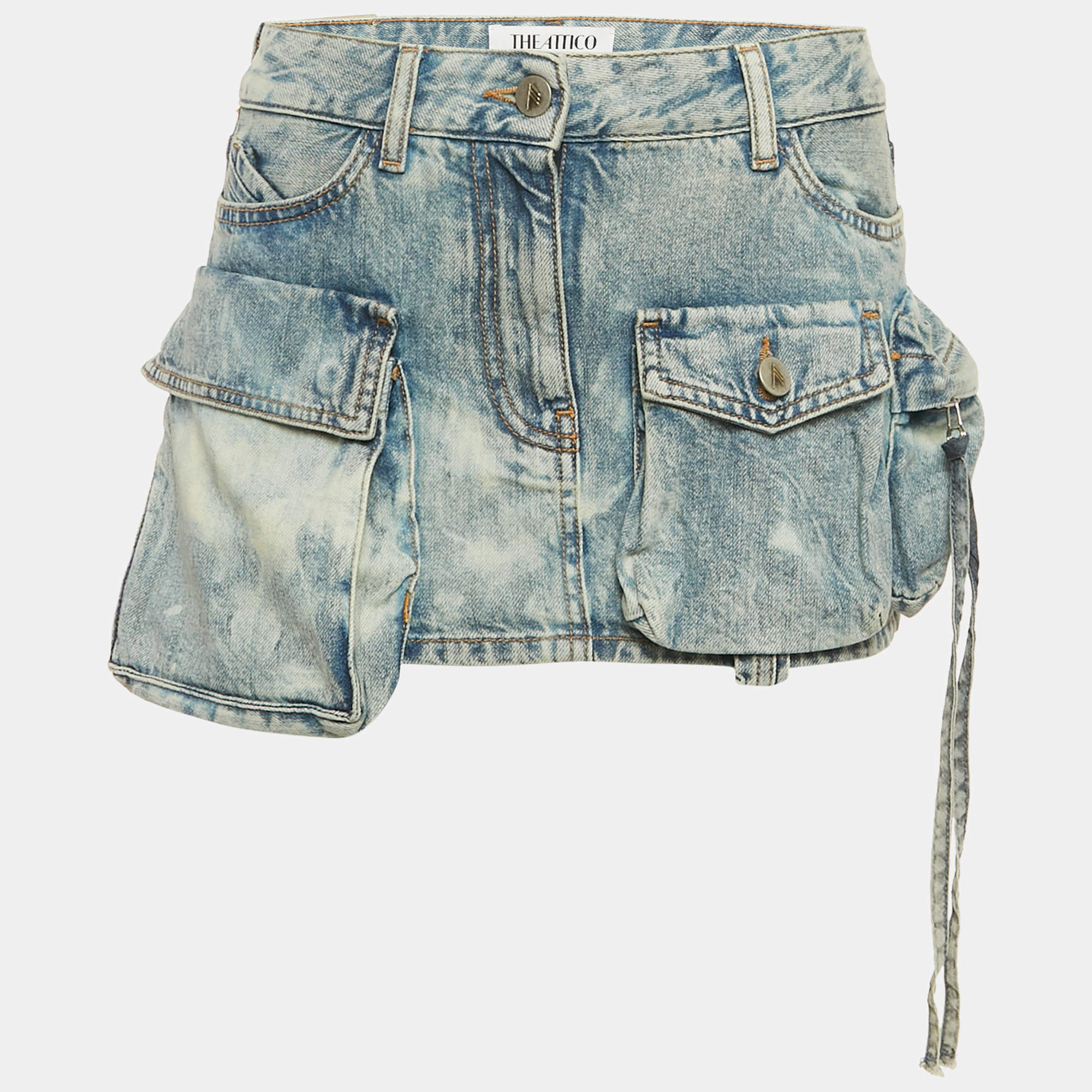 مملوكة مسبقًا The Attico Blue Denim Low Waist Cargo Pocket Detail Mini Skirt S/Waist 28"