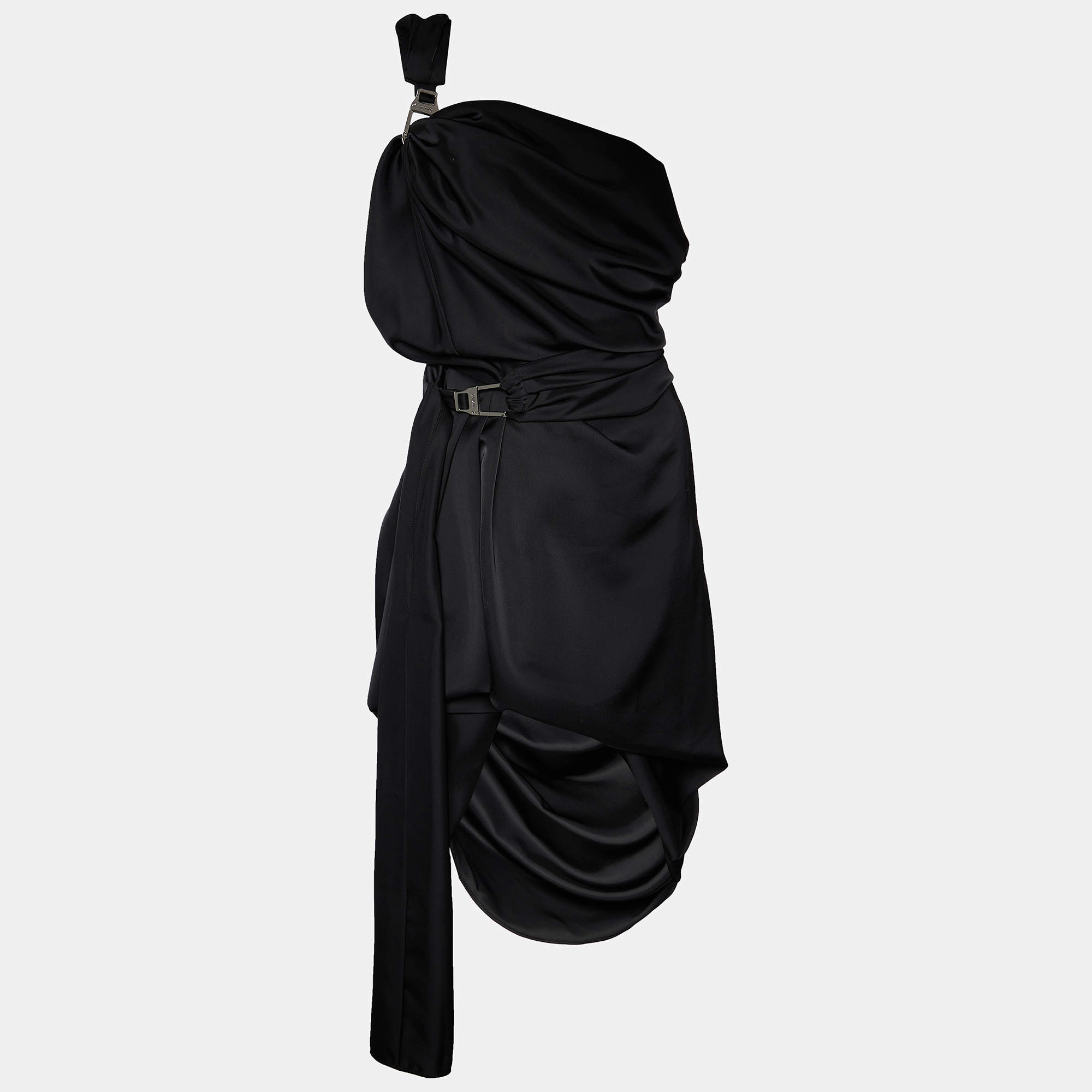 Pre Owned The Attico Black Sateen Draped Clasp Detail One Shoulder Dress S