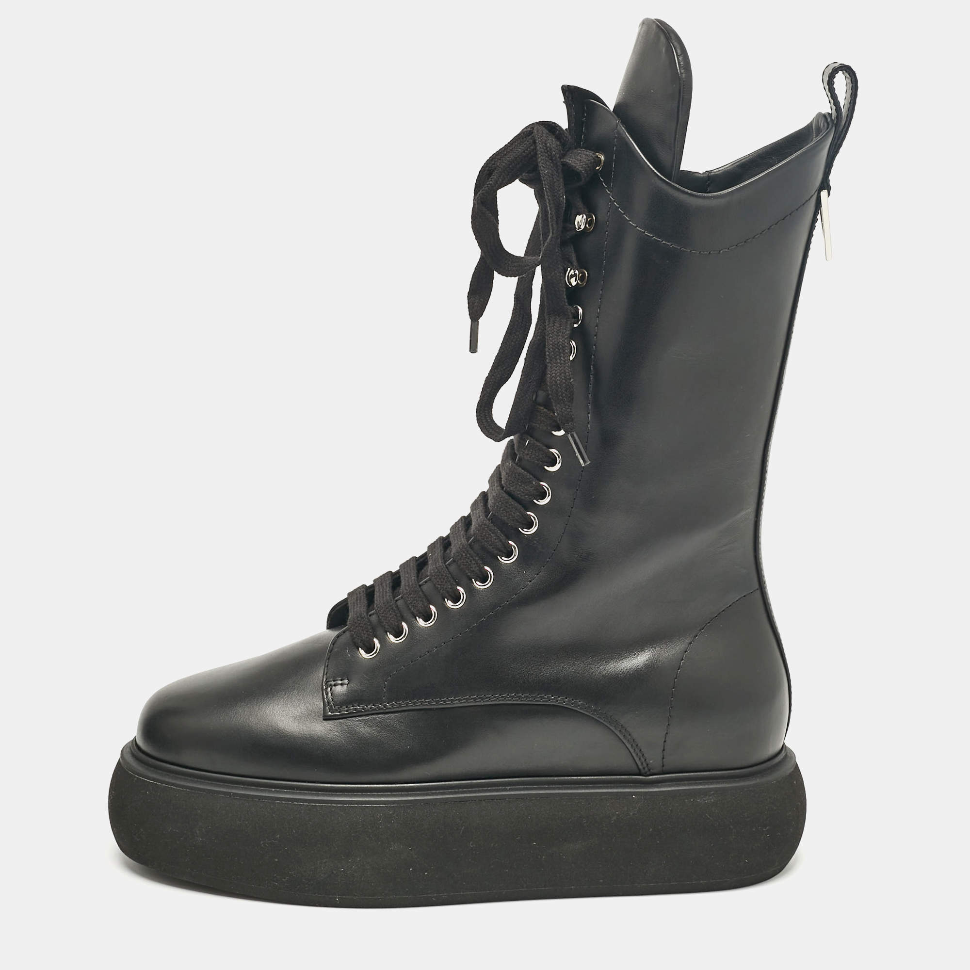 Pre Owned The Attico Black Leather Zip Up Knee Length Boots Size 39