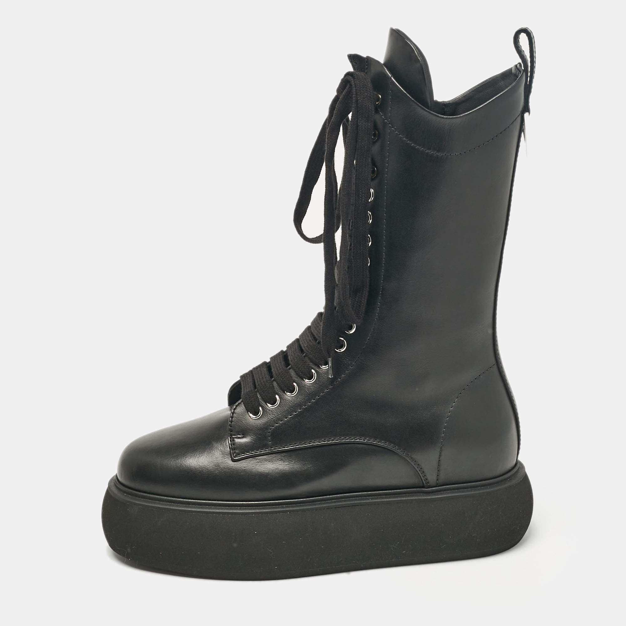 The Attico Black Leather Lace Up Mid Calf Boots Size Size 37