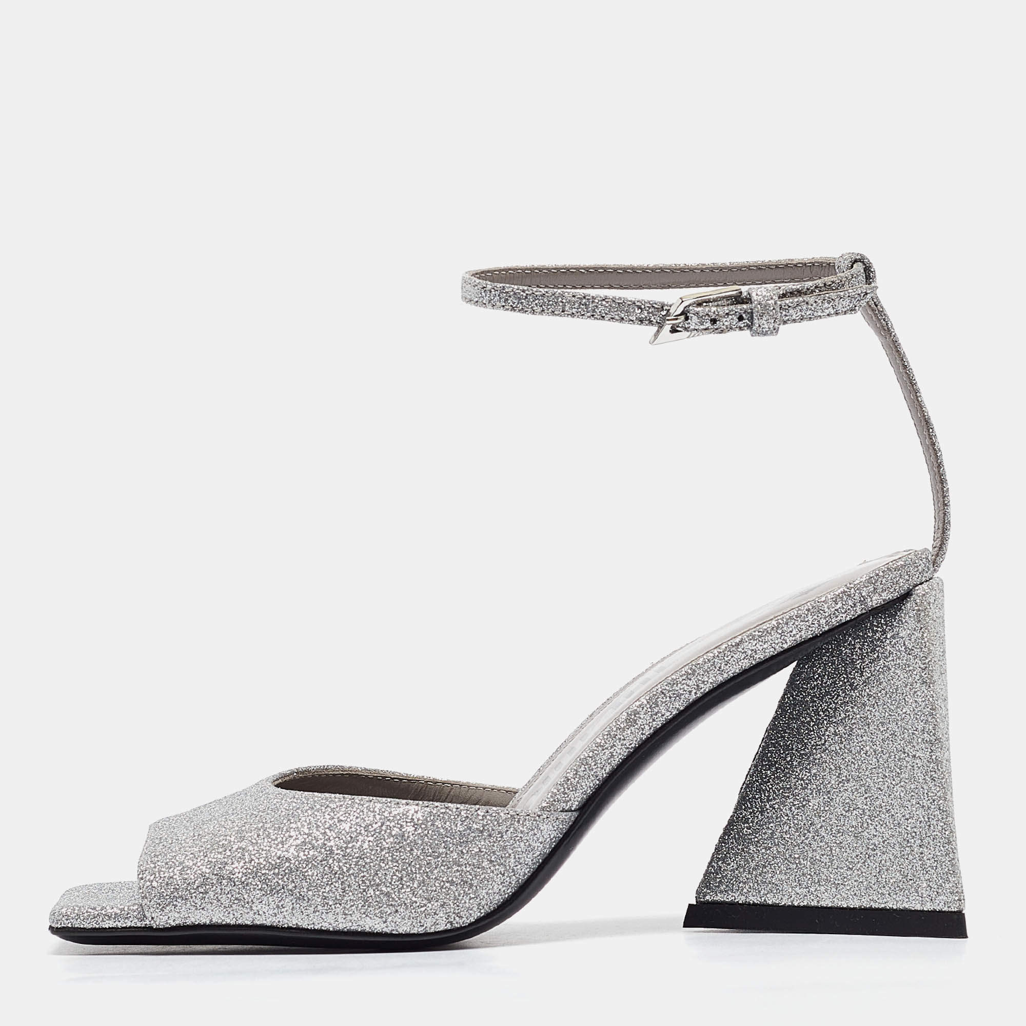 The Attico Silver Glitter Piper Ankle Strap Sandals Size 36
