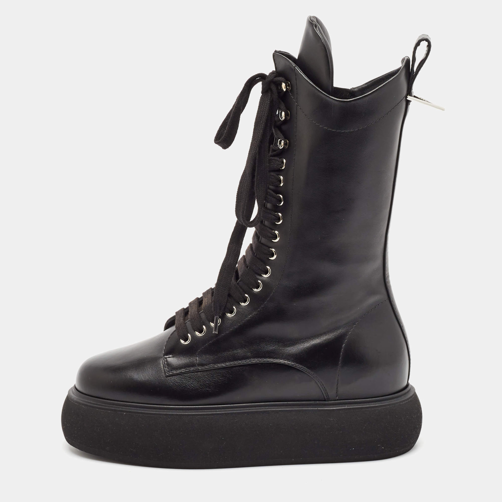 Pre Owned The Attico Black Leather Zip Up  Knee Length Boots Size 39