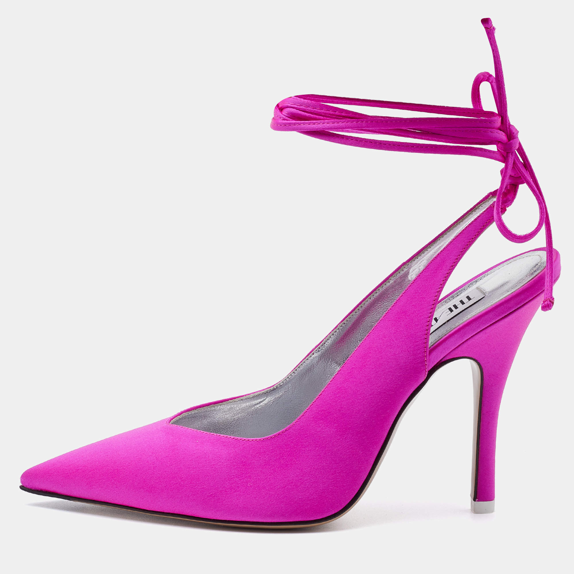 Pre Owned The Attico Neon Pink Satin Venus Ankle Wrap Pointed Toe Pumps Size 39