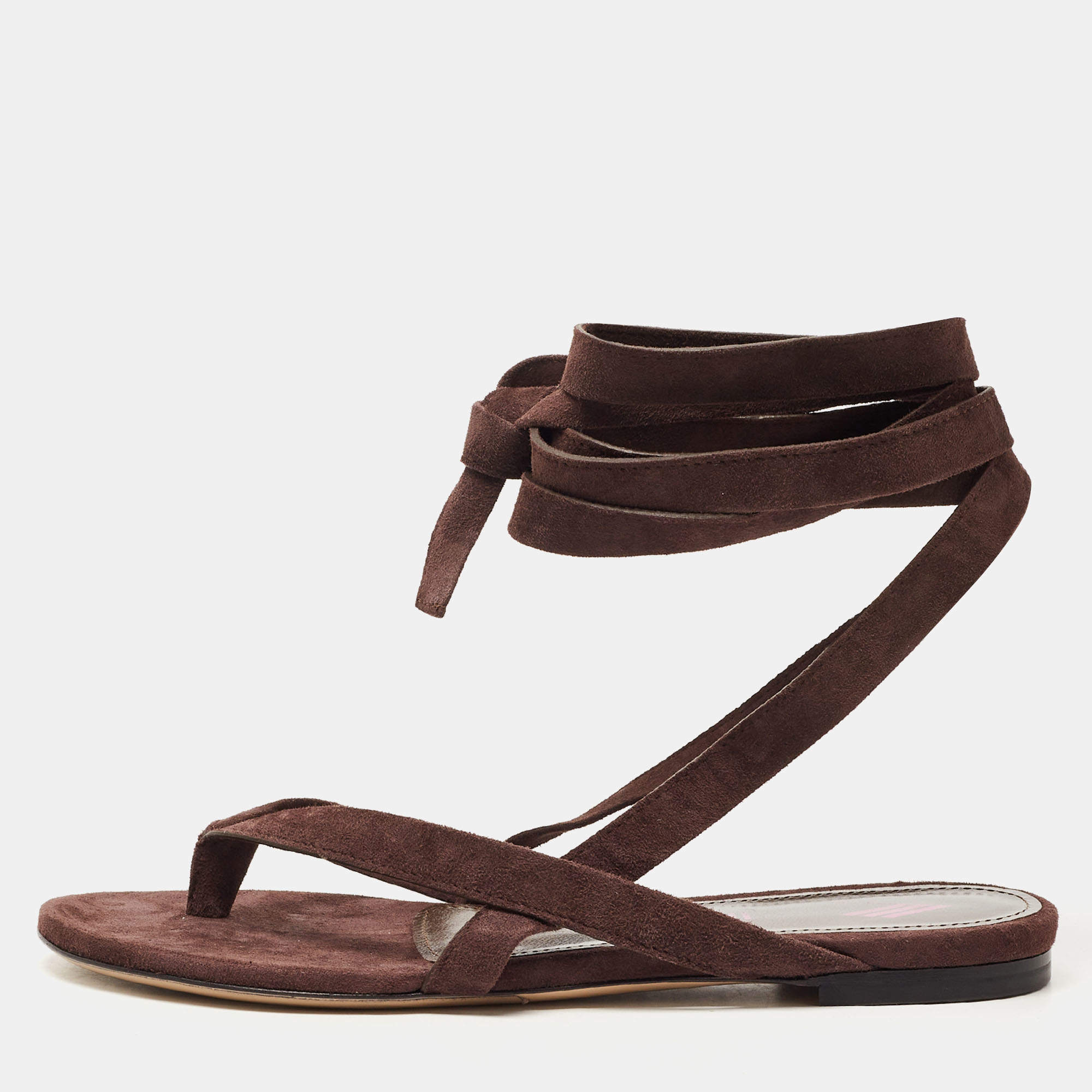 Pre Owned The Attico Brown Suede Ankle Wrap Flat Sandals Size 38