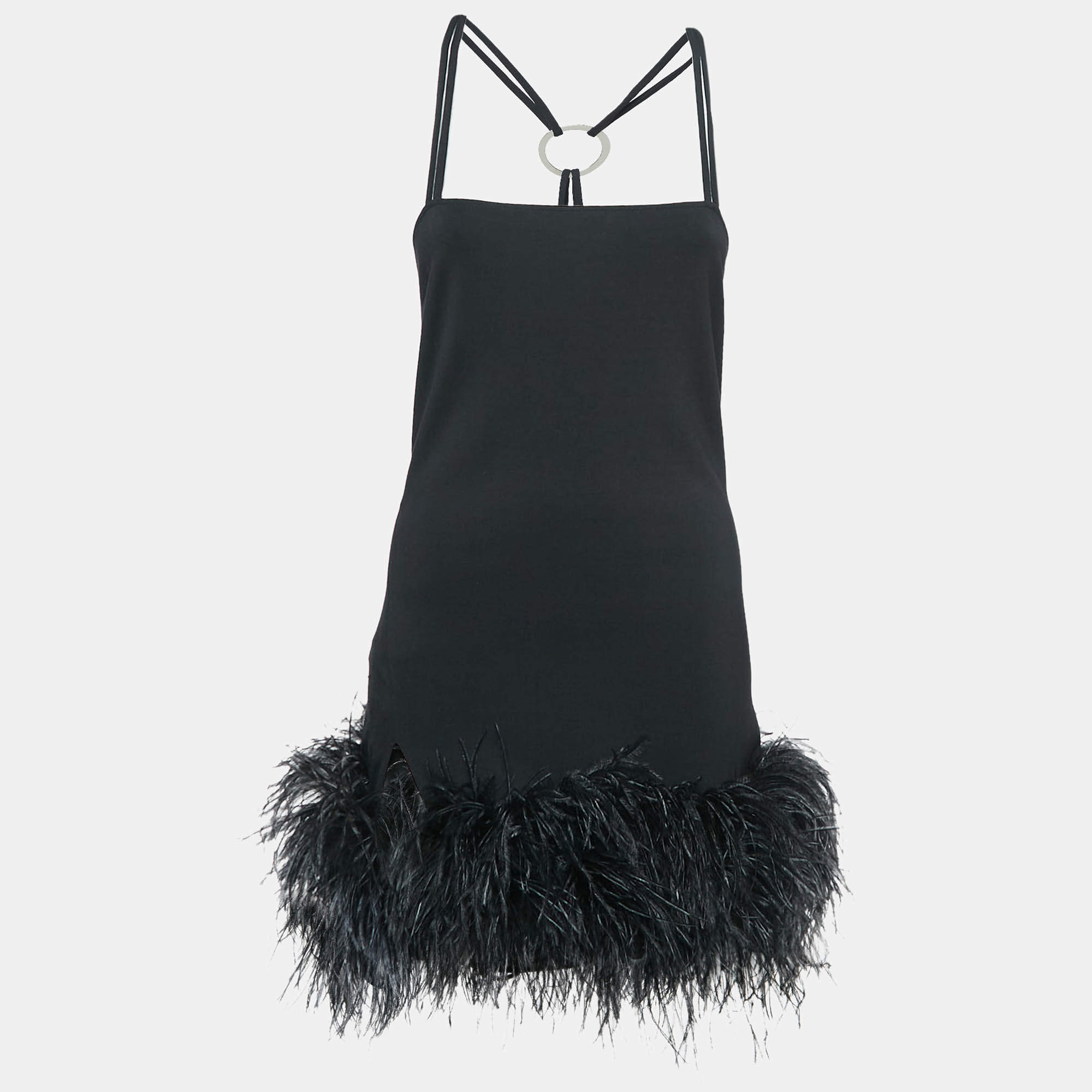 Pre Owned The Attico Black Feather Trim Jersey Fujiko Ring Mini Dress S