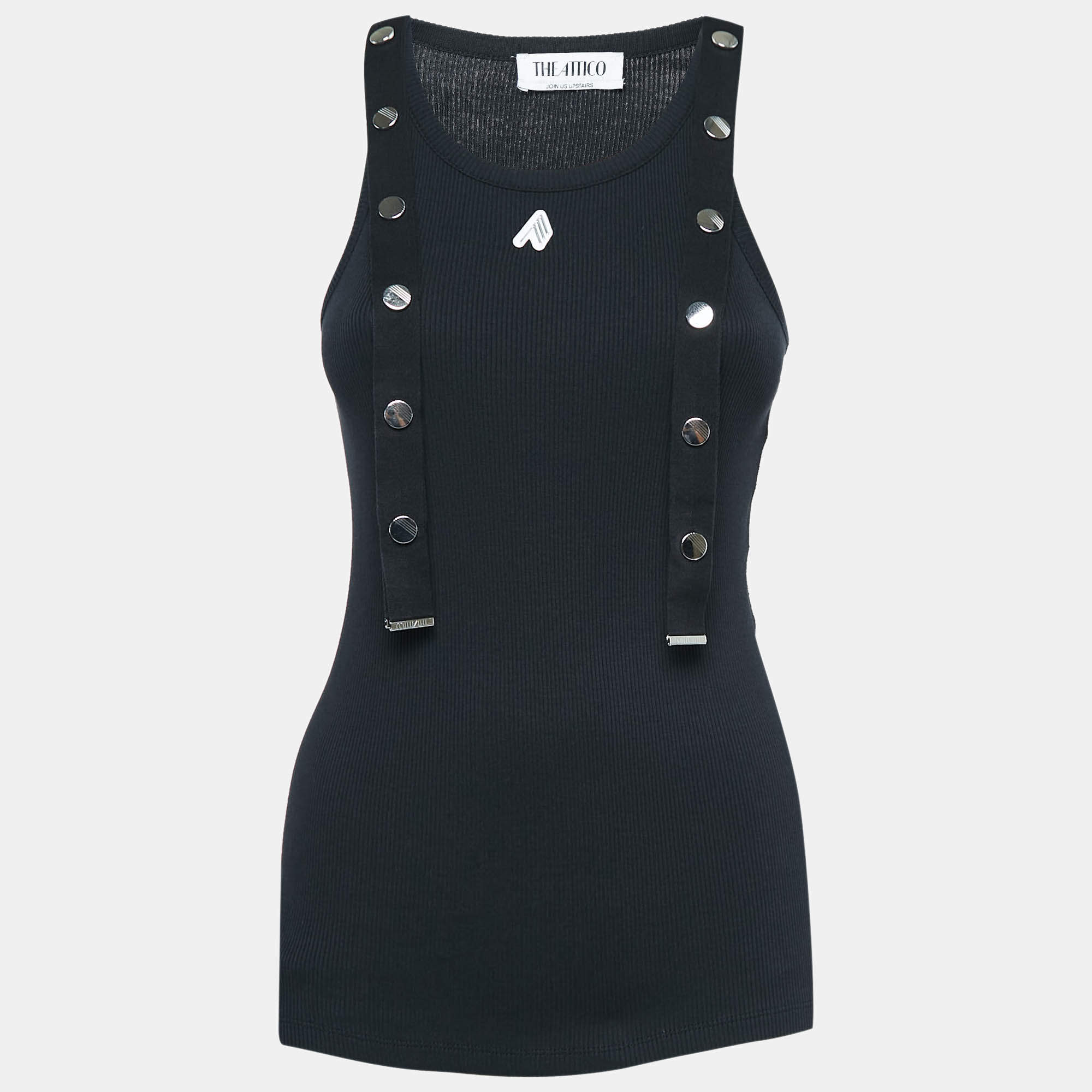 Pre Owned The Attico Black Snap Button Strap Detail Rib Knit Tank Top S