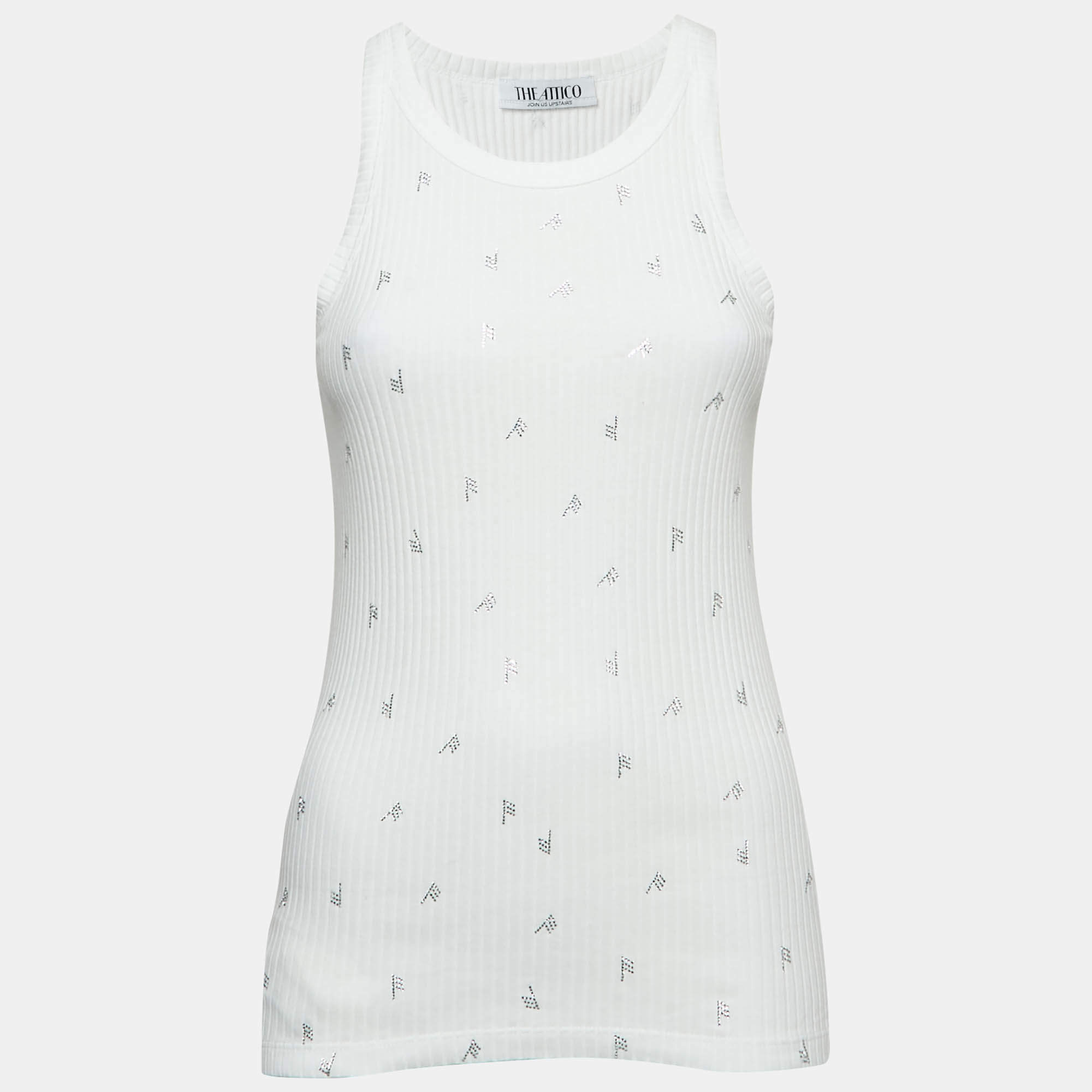 Pre Owned The Attico White F Rhinestone Rib Knit Tank Top M