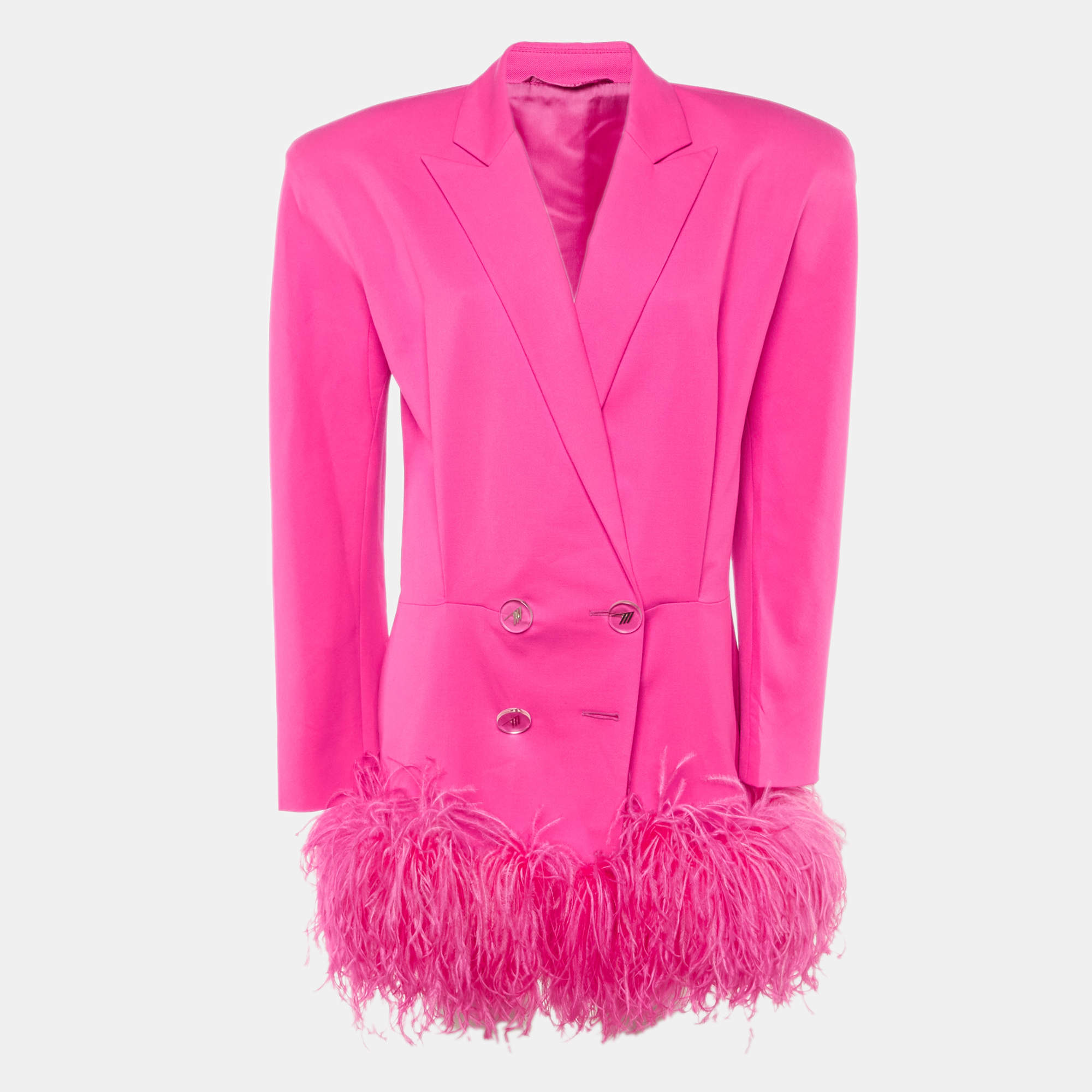 Pre Owned The Attico Fuchsia Pink Wool Feather Trim Blazer Dress M