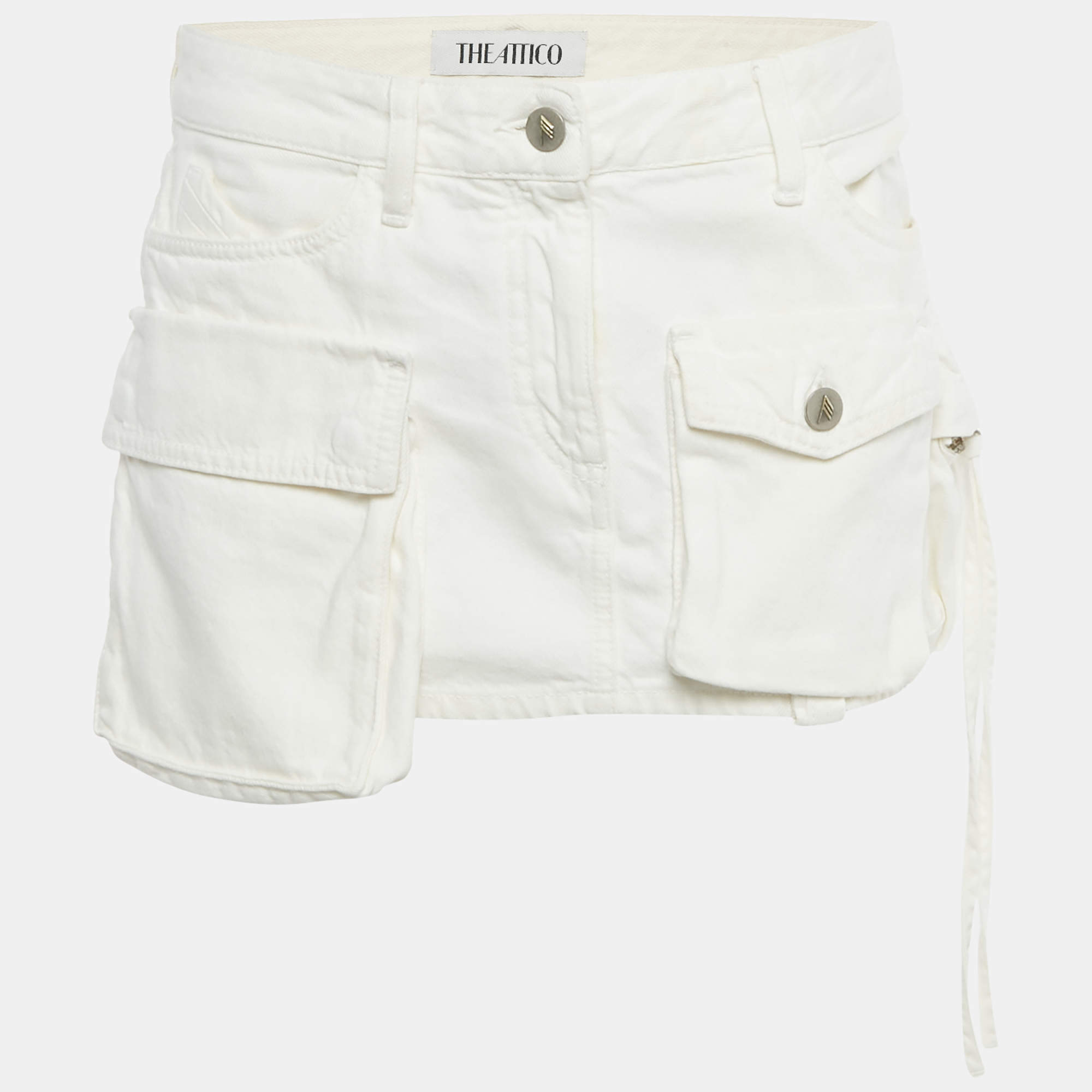 Pre Owned The Attico White Denim Low Waist Cargo Pocket Detail Mini Skirt S Waist 32"