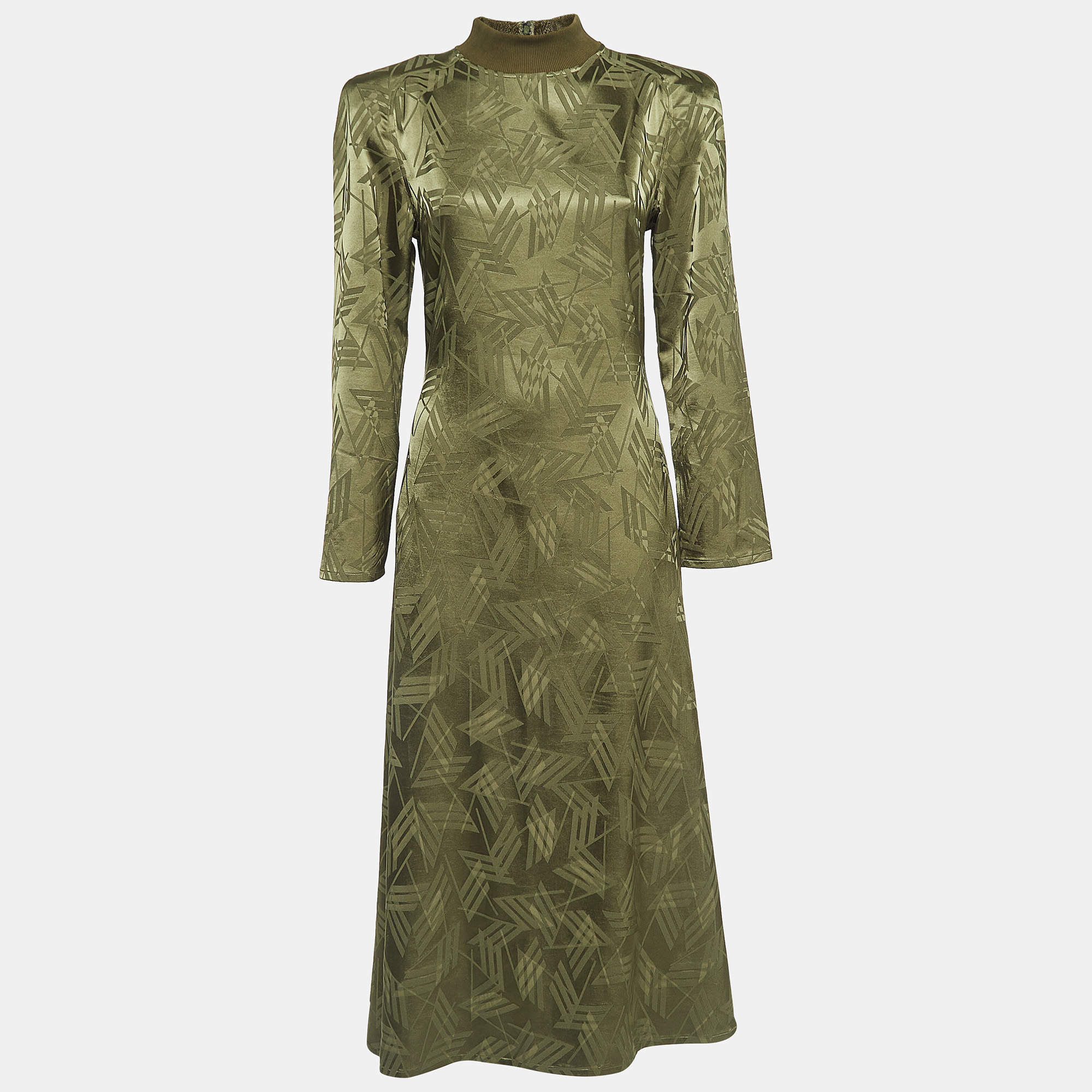 The Attico Olive Green Jacquard High Neck Midi Dress S