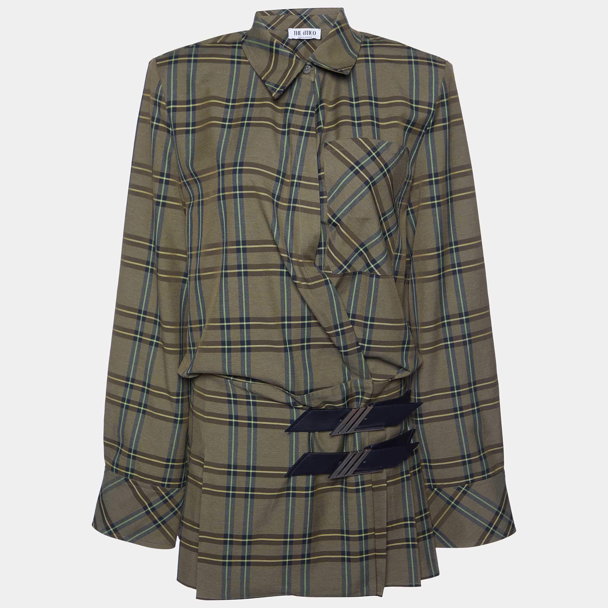 Pre Owned The Attico Military Green Checked & Pleated Margot Mini Dress S