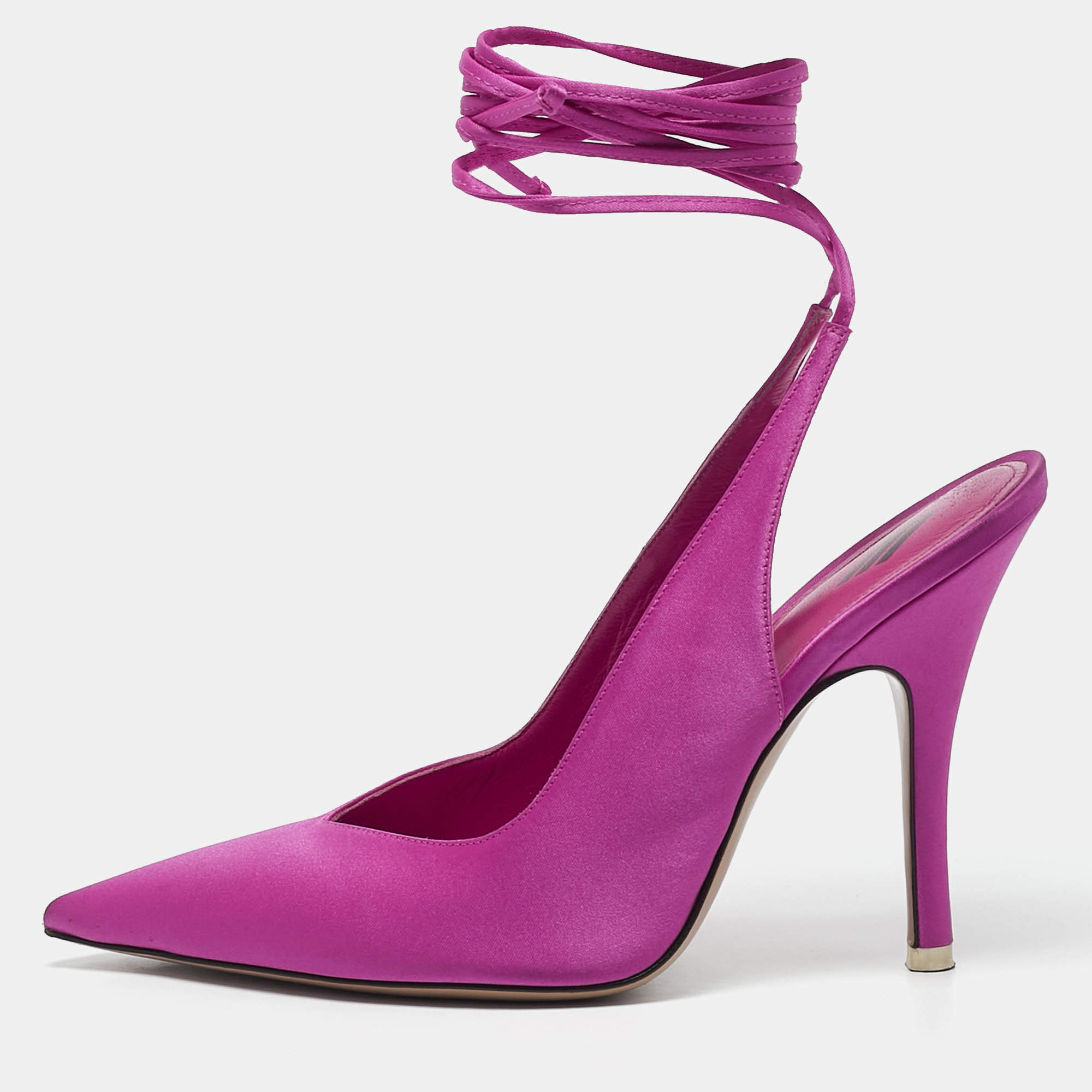 The Attico Fuchsia Satin Venus Pointed Toe Ankle Wrap Pumps Size 38.5
