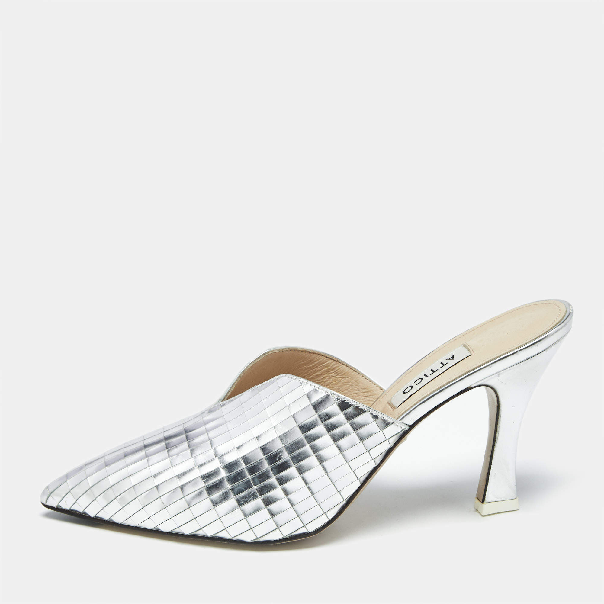 Pre Owned The Attico Silver Laminated Leather Monica Mules Size 39