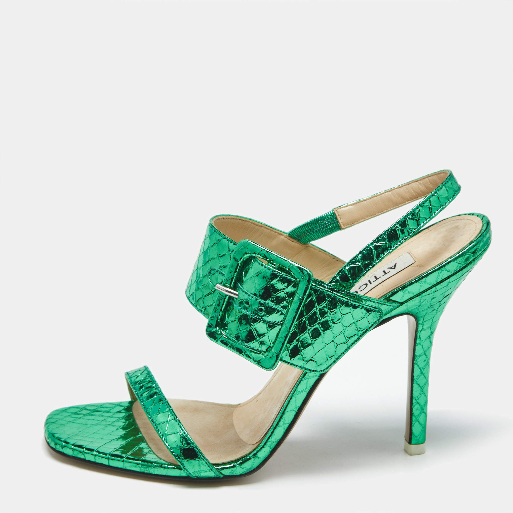 Pre Owned The Attico Green Python Embossed Leather Mariah Ankle Strap Sandals Size 39