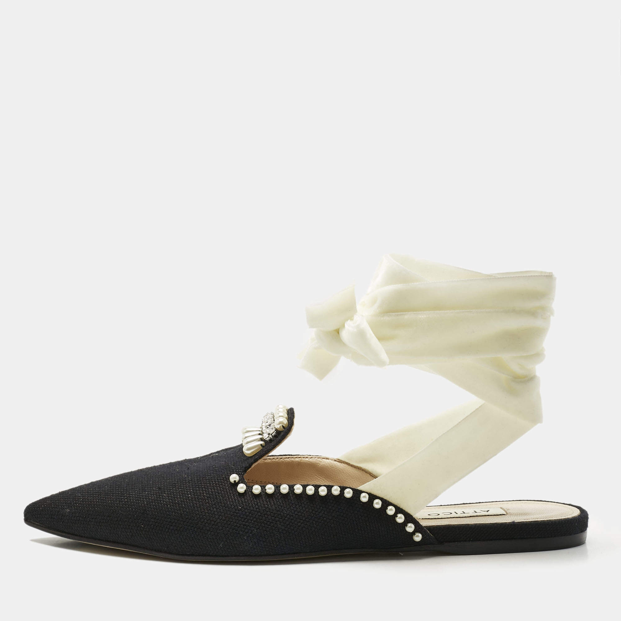 Pre Owned The Attico Black Canvas Crystal Embellished Mules Size 36