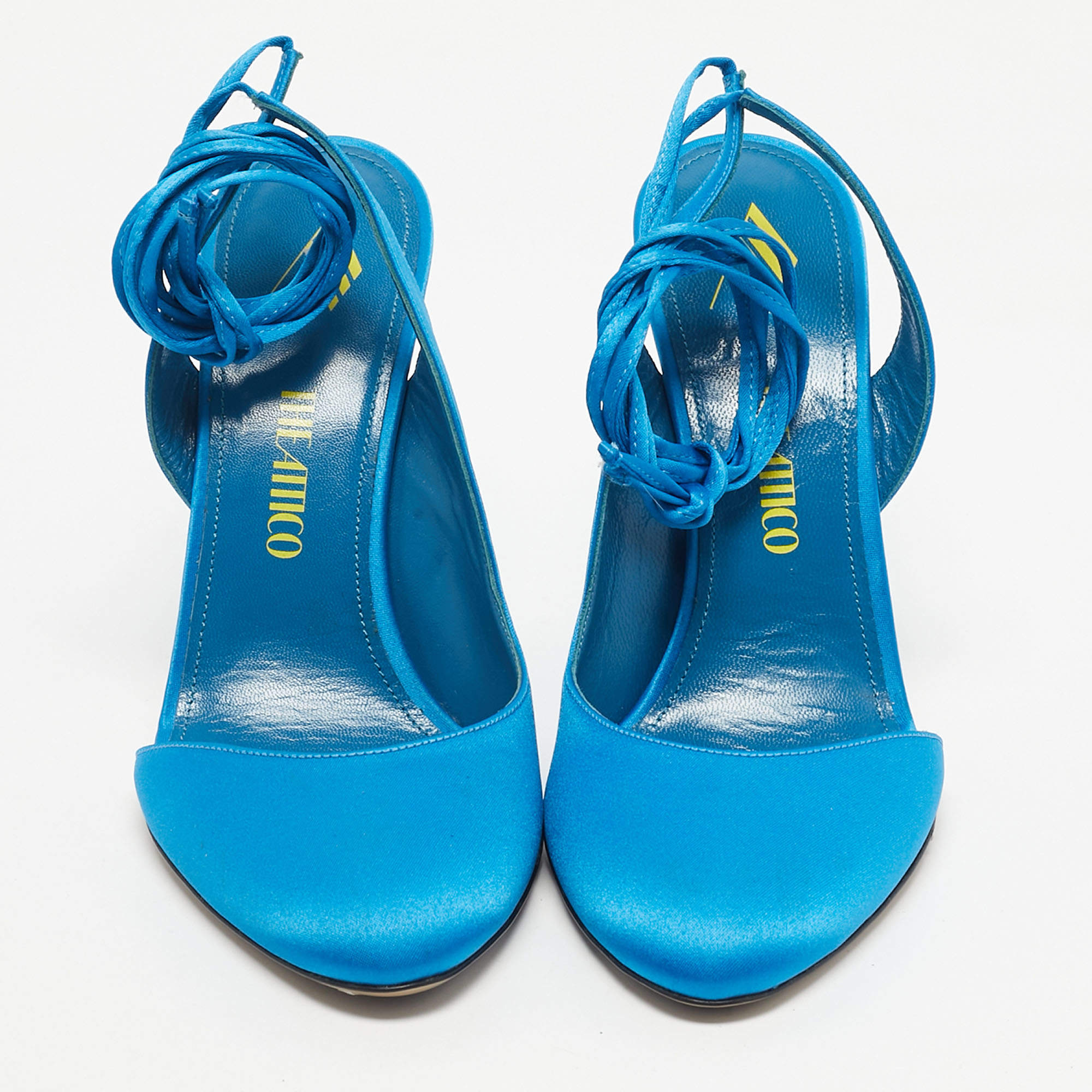 The Attico Blue Satin Venus Ankle Wrap Pointed Toe Pumps Size 39