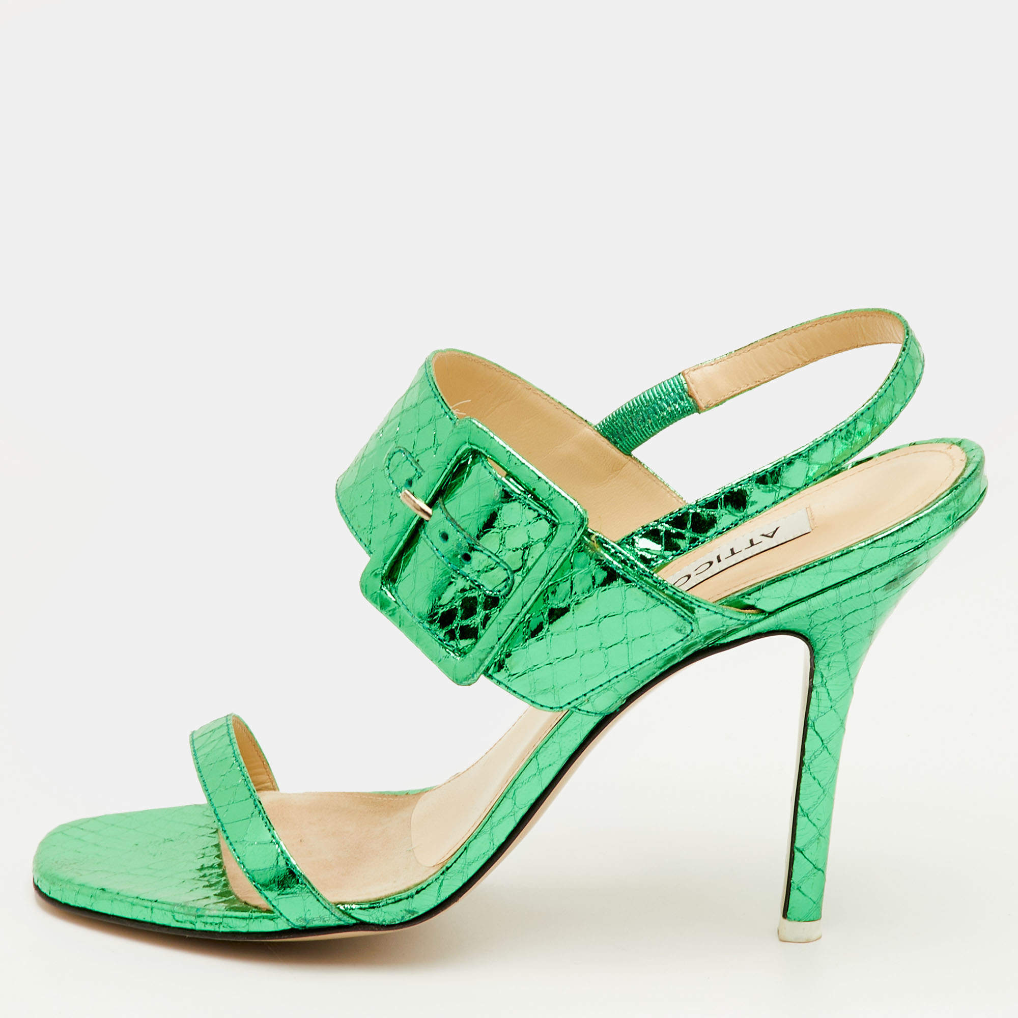 Pre Owned The Attico Mariah Size 40 Metallic Green Python Embossed Leather Ankle Strap Sandals