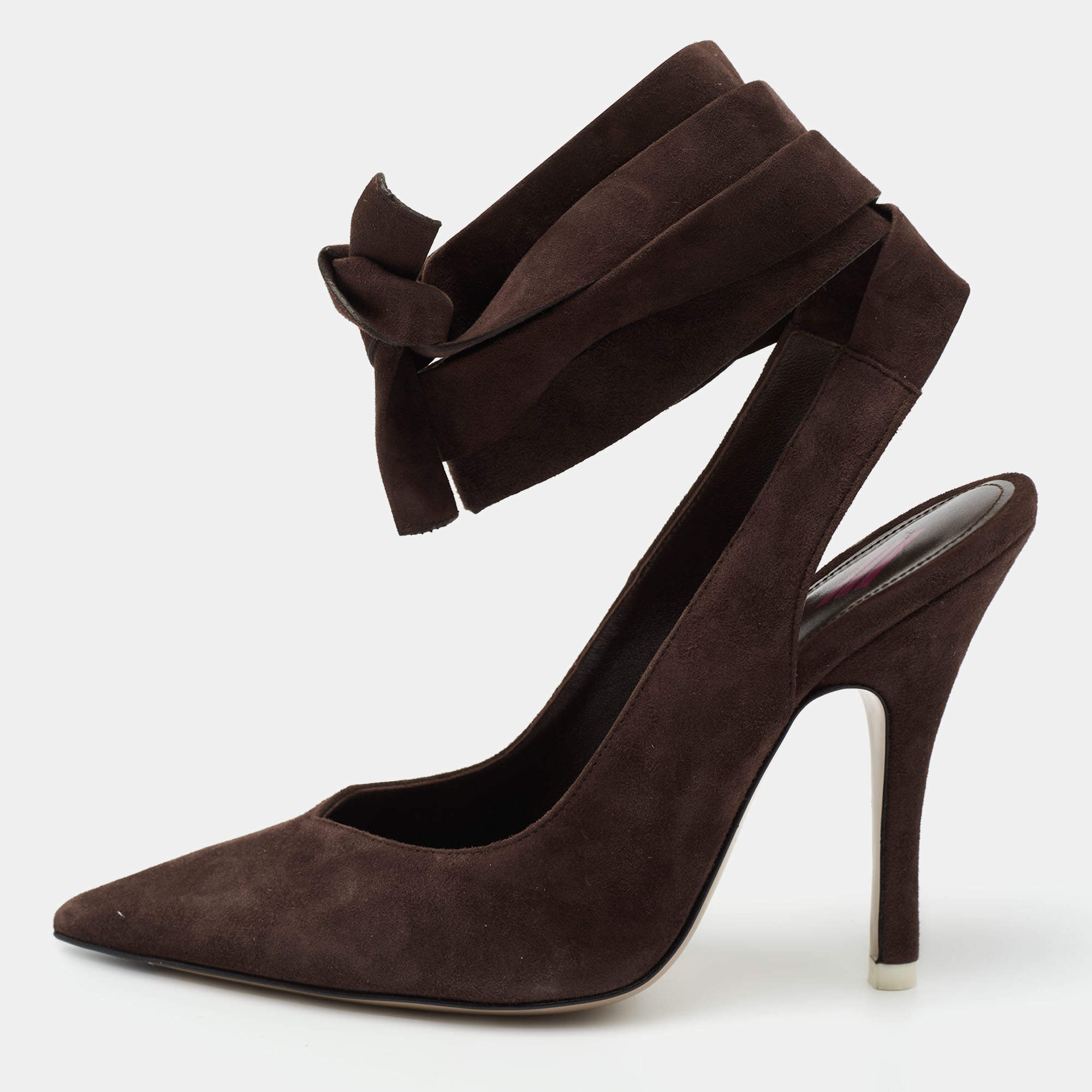 Pre Owned The Attico Brown Suede Venus Ankle Wrap Pumps Size 36
