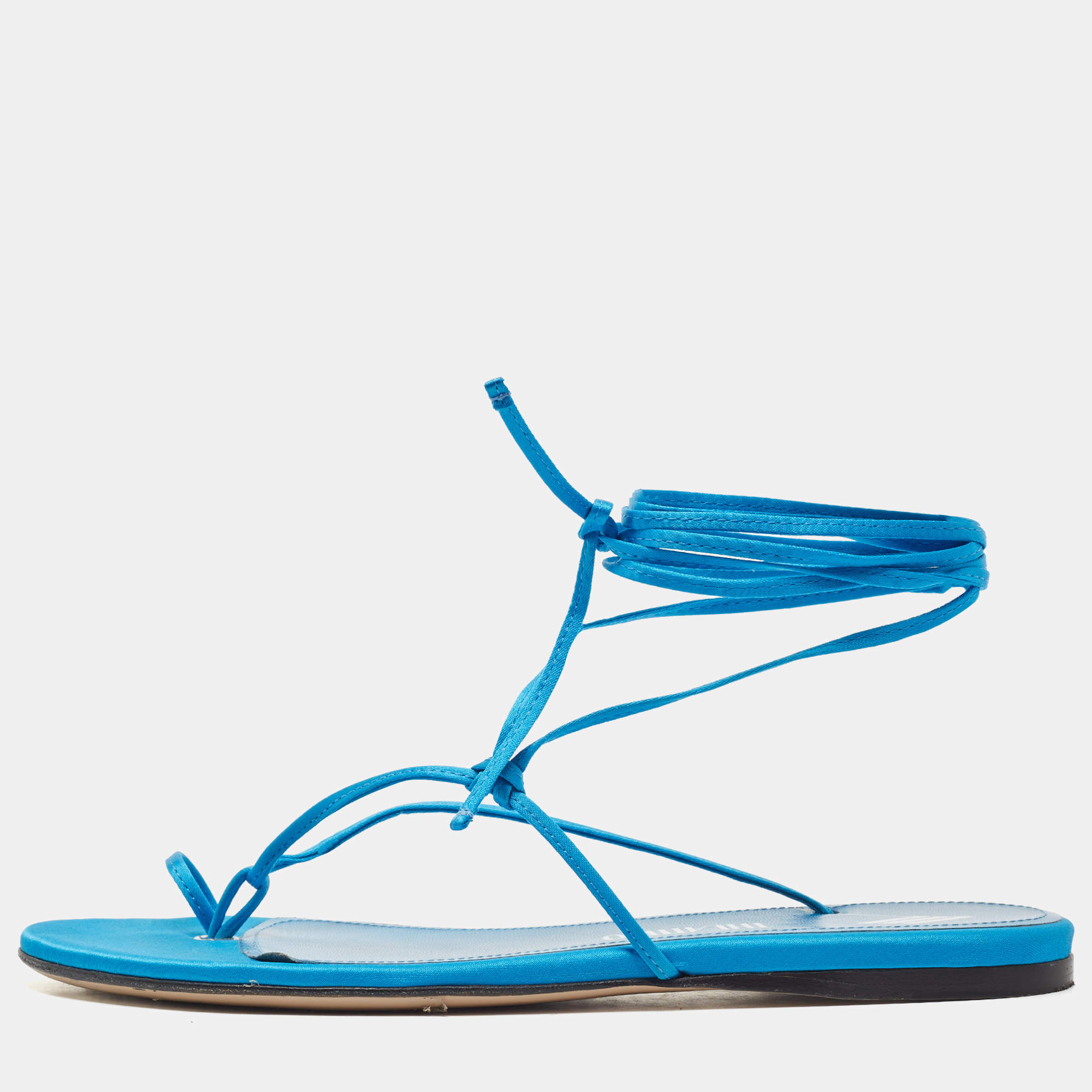Pre Owned The Attico Blue Satin Ankle Tie Flat Sandals Size 38