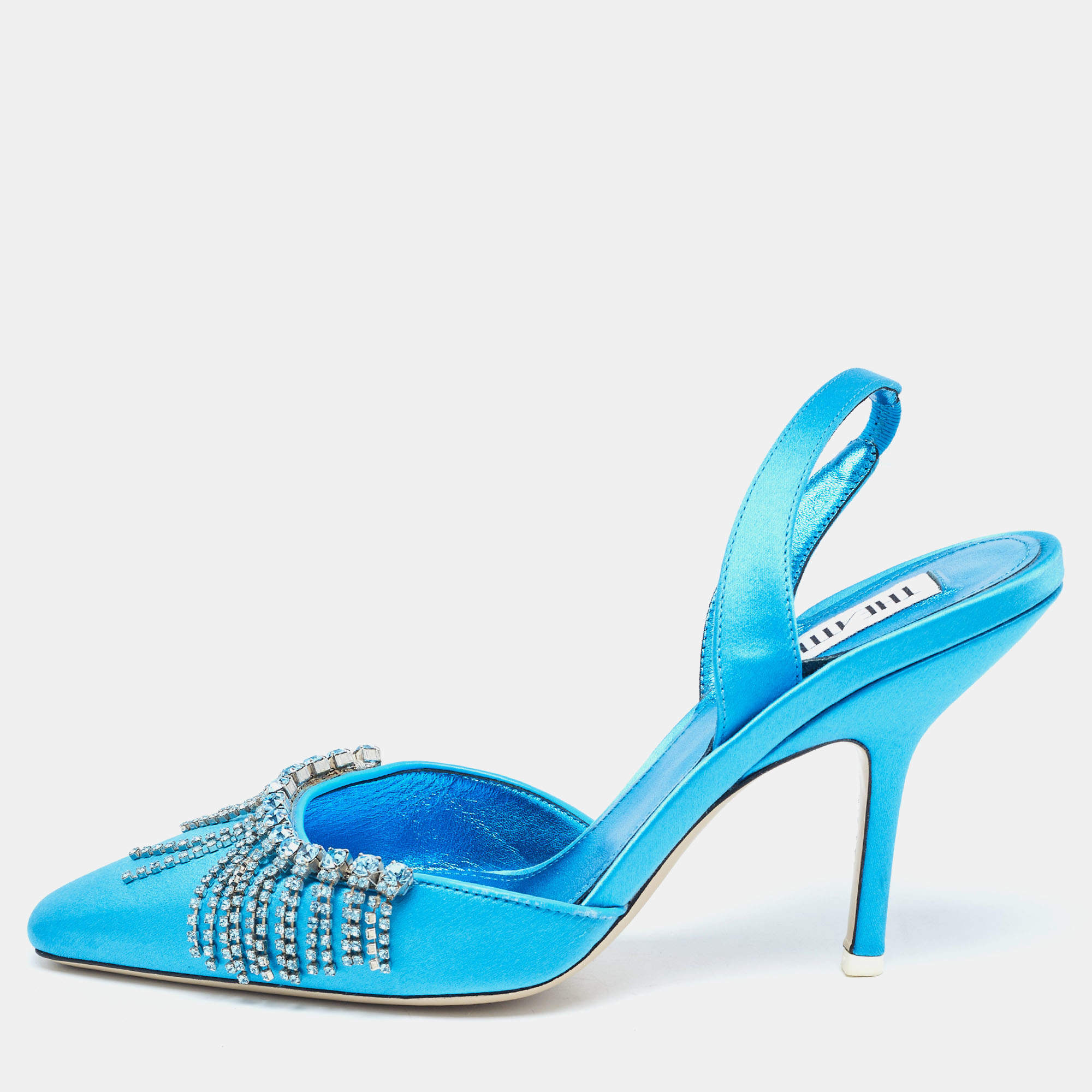 Pre Owned The Attico Blue Satin Crystal Embellished Slingback Pumps Size 38