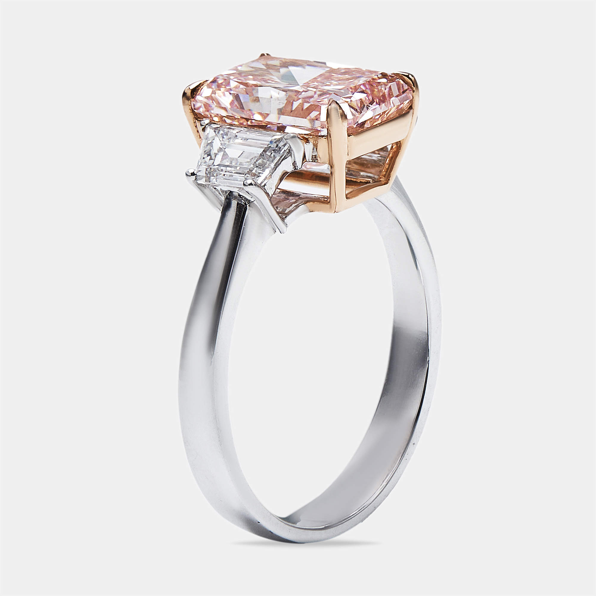 3.70 cts Pink Radiant Cut and Baguette 18k Two Tone Gold Ring Size 52