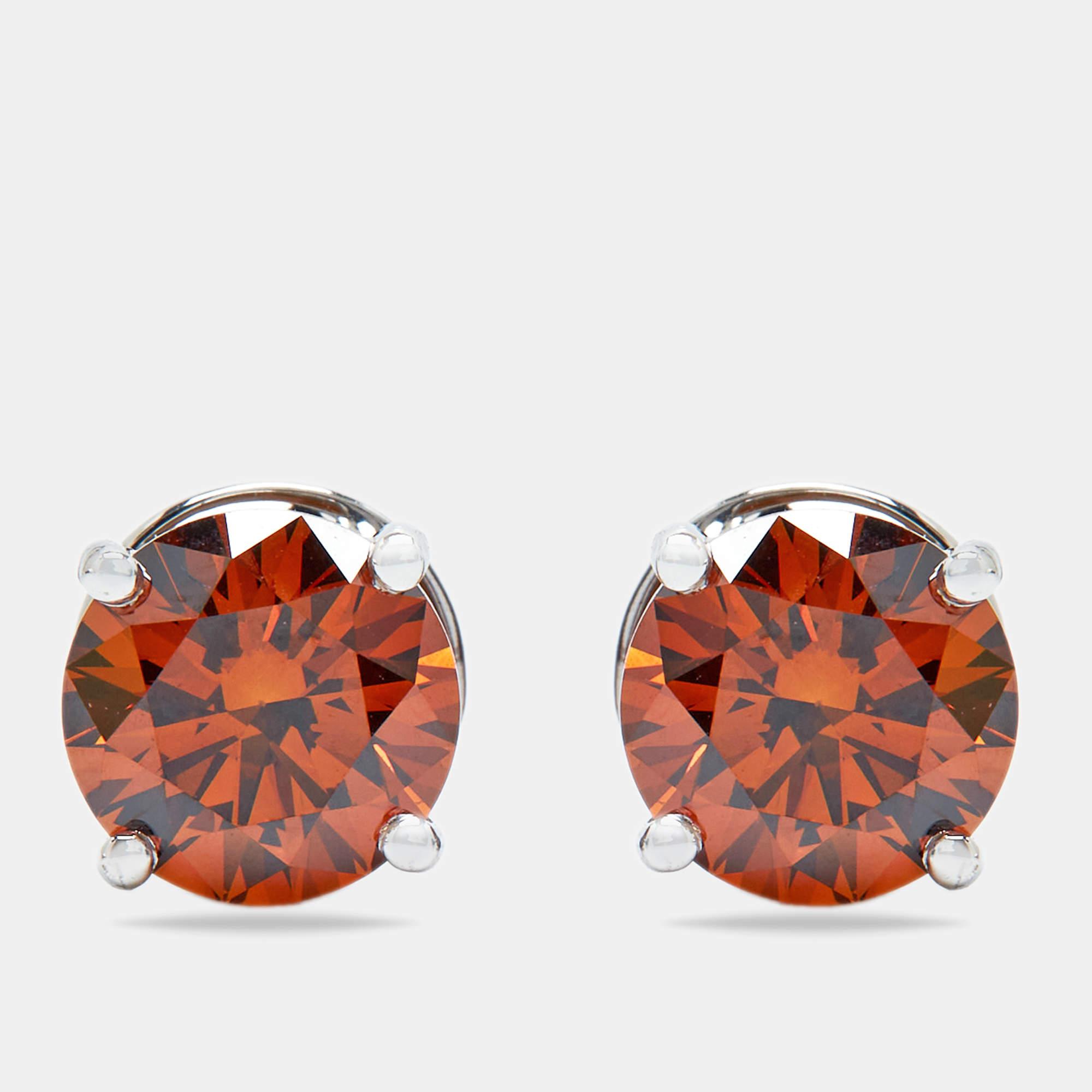 4.00 cts Brownish Orange Round Lab Grown Diamond 18k White Gold Earrings