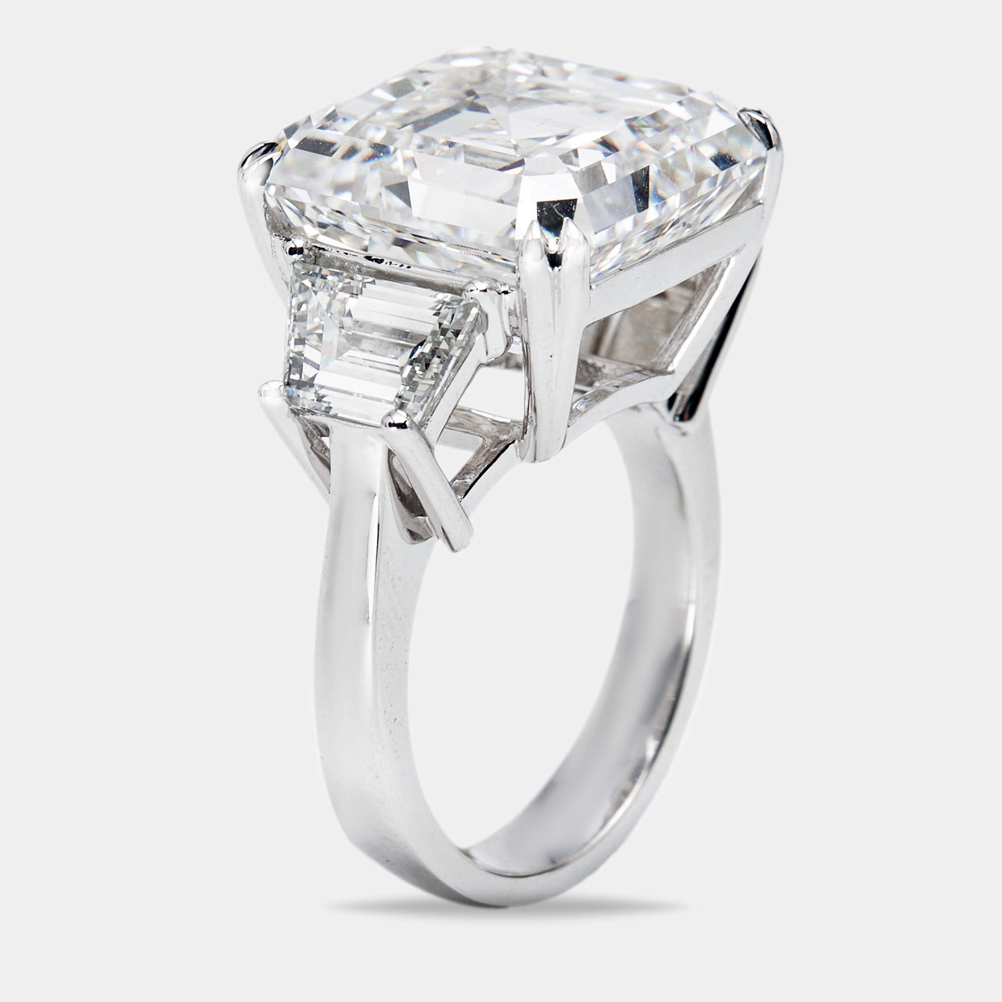18.50 cts Asscher Cut and Trapezoid Lab Grown Diamond 18k White Gold Ring Size 52