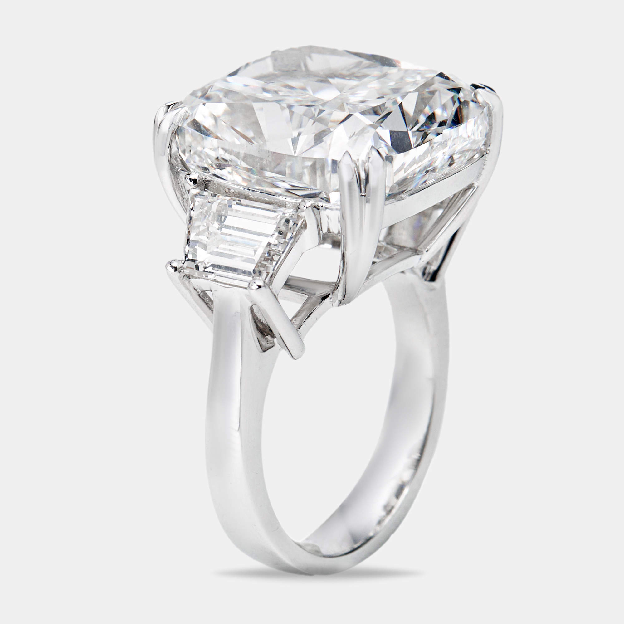 22.00 cts Cushion Cut and Trapezoid Lab Grown Diamond 18k White Gold Ring Size 52