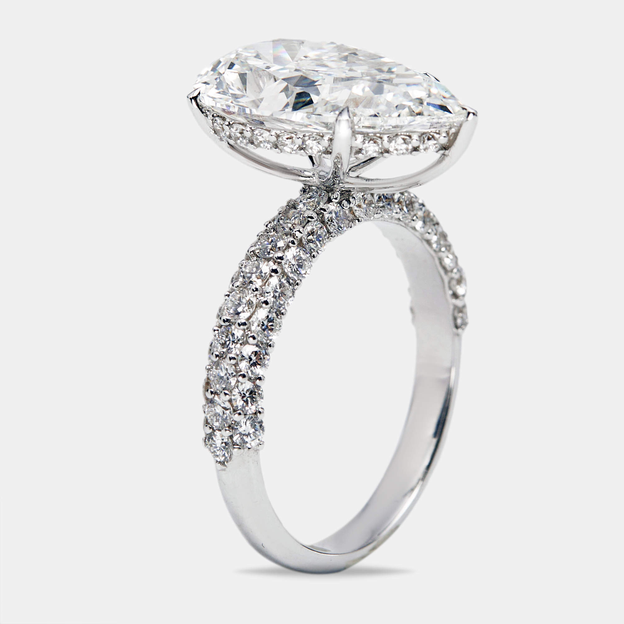 6.25 cts Pear Cut and Round Lab Grown Diamond 18k White Gold Ring Size 52