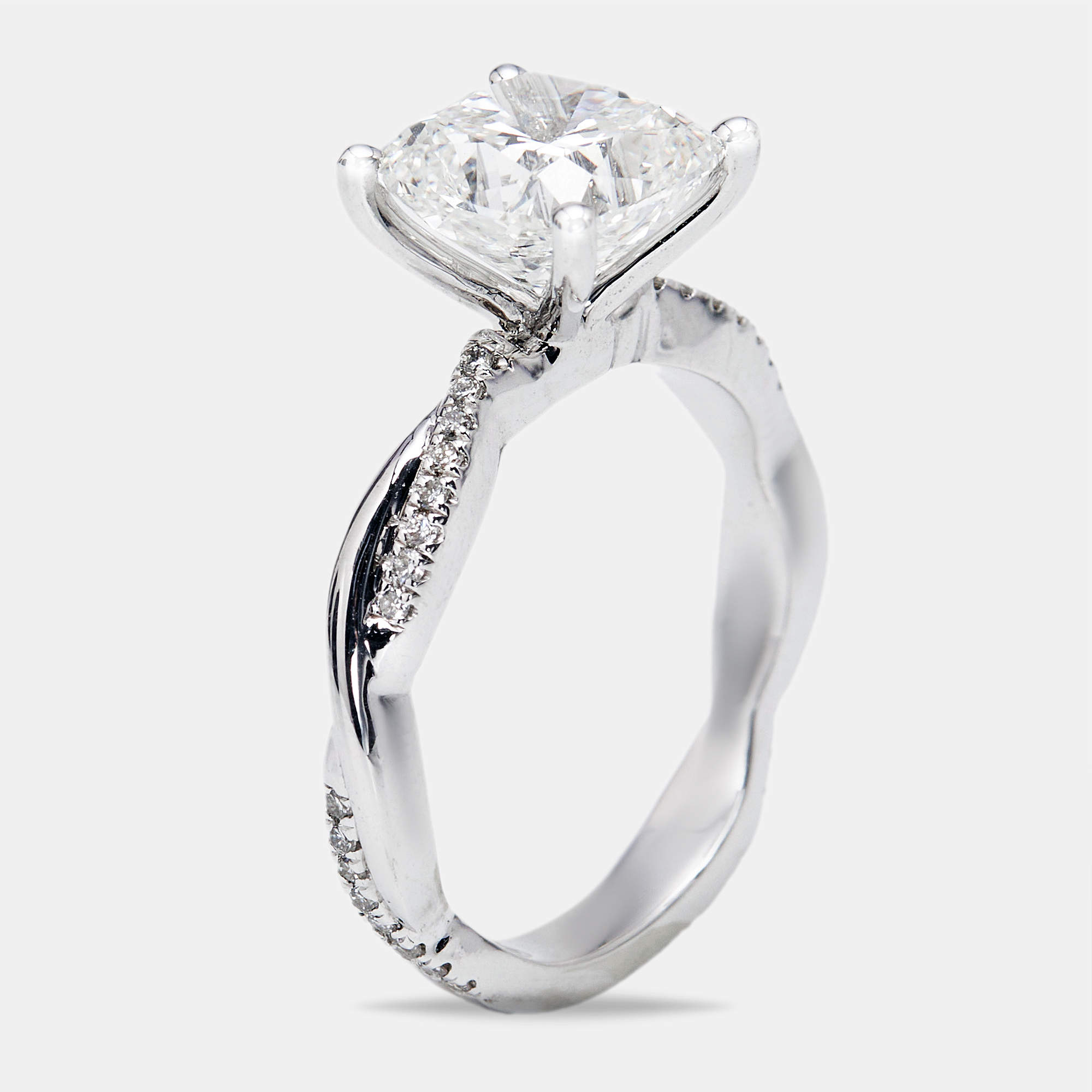 3.20 cts Cushion Cut and Round Lab Grown Diamond 18k White Gold Ring Size 52