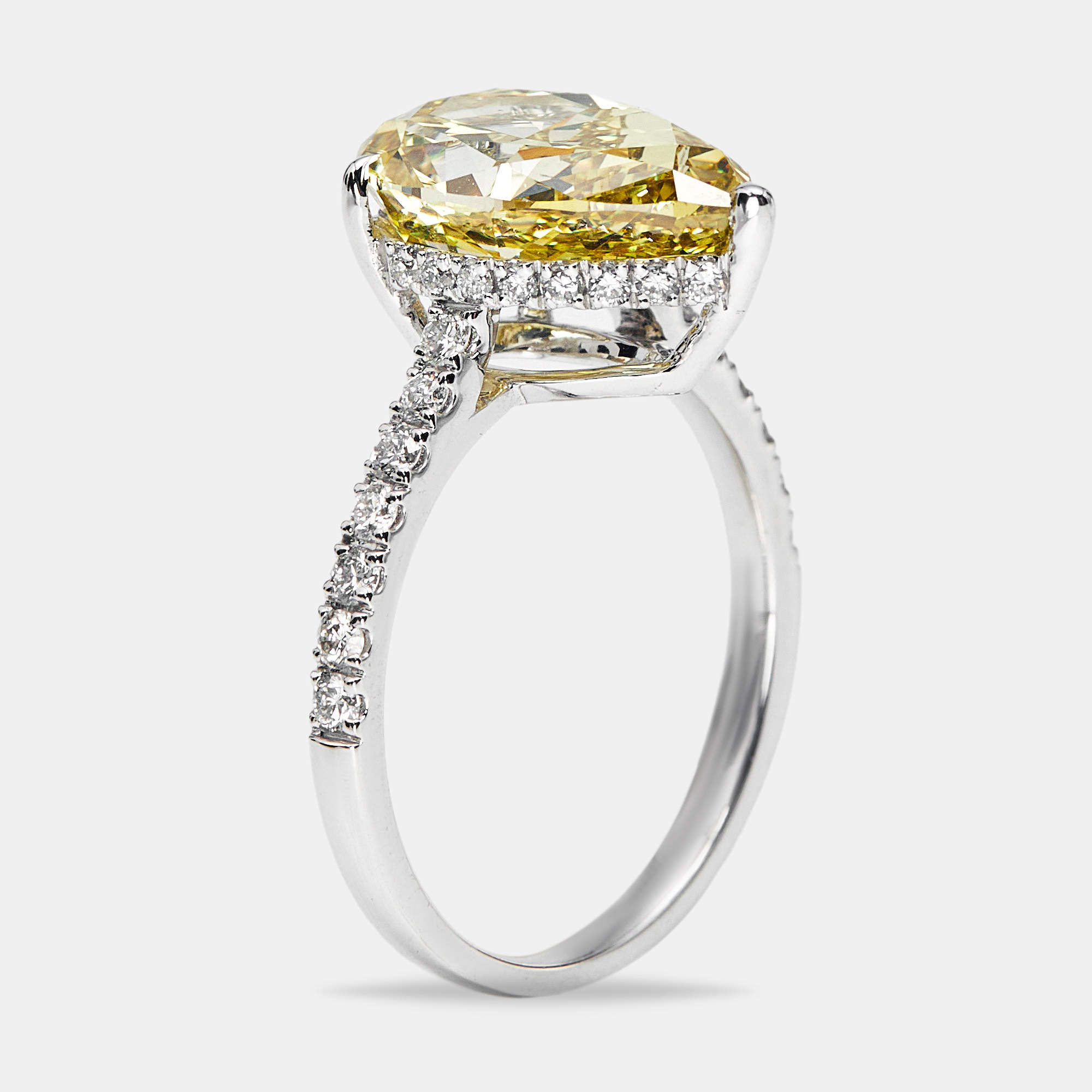 4.50 cts Yellow Pear and Round Lab Grown Diamond 18k White Gold Ring Size 52