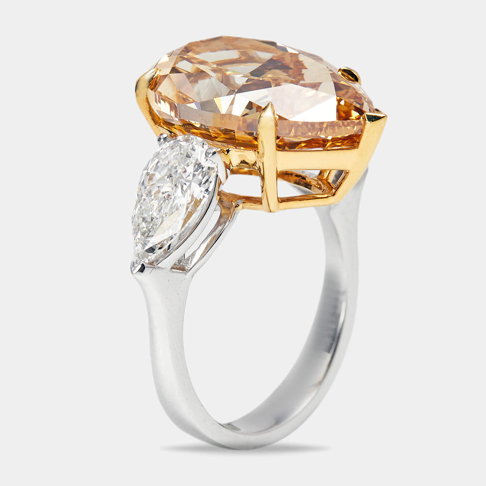 13.16 cts Orange Pear Lab Grown Diamond 18k Two Tone Gold Ring Size 52