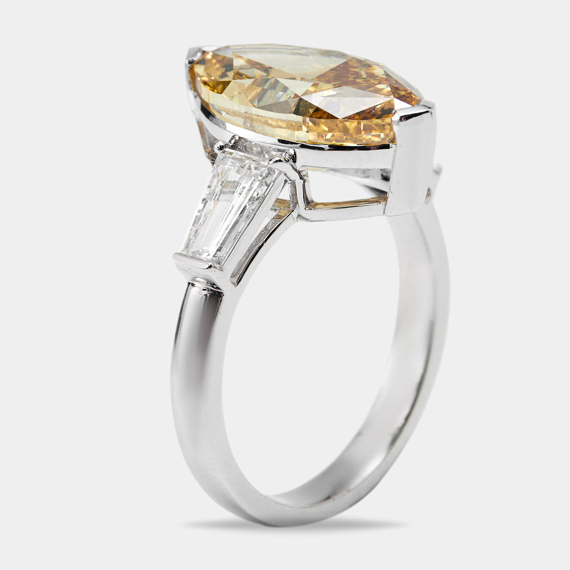 6.25 cts Yellow Marquise and Trapezoid Lab Grown Diamond 18k White Gold Ring Size 53