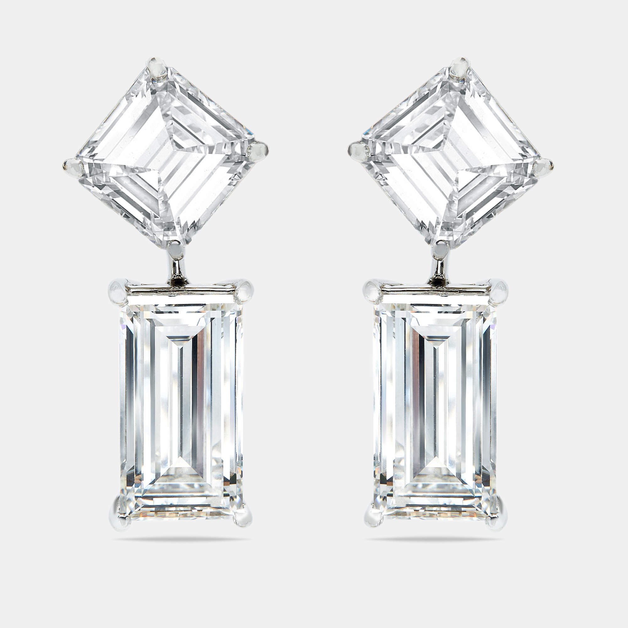 24.25 cts Asscher and Baguette Cut Lab Grown Diamond 18k White Gold Earrings