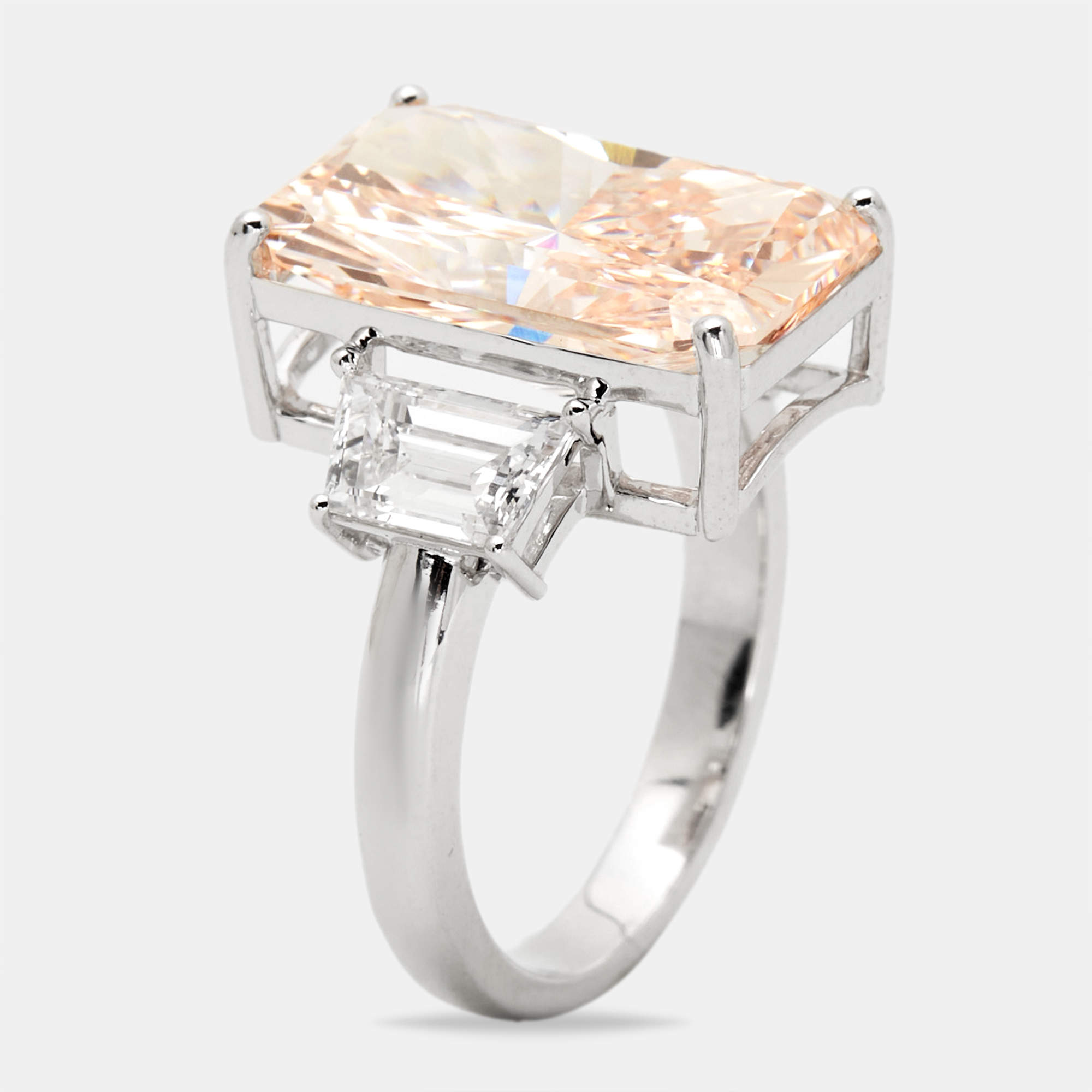 9.00 cts Orangish Pink Radiant Cut and Trapezoid Lab Grown Diamond 18k White Gold Ring Size 53