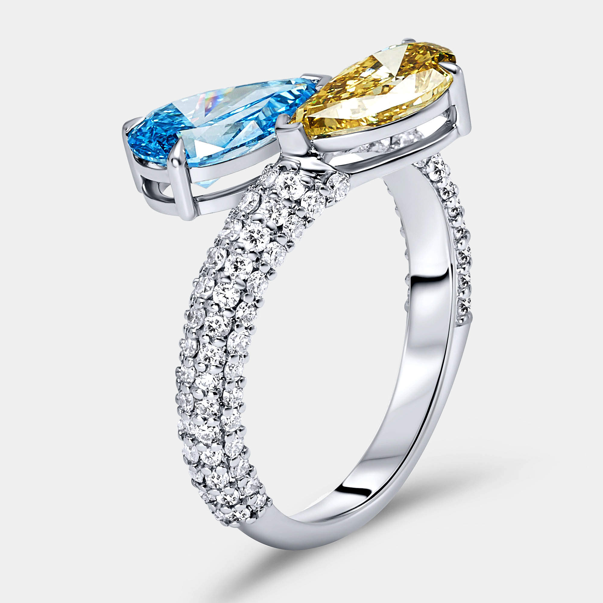 Pre Owned 3 cts Fancy Color Pear and Round Lab Grown Diamond 18k White Gold Ring Size 54