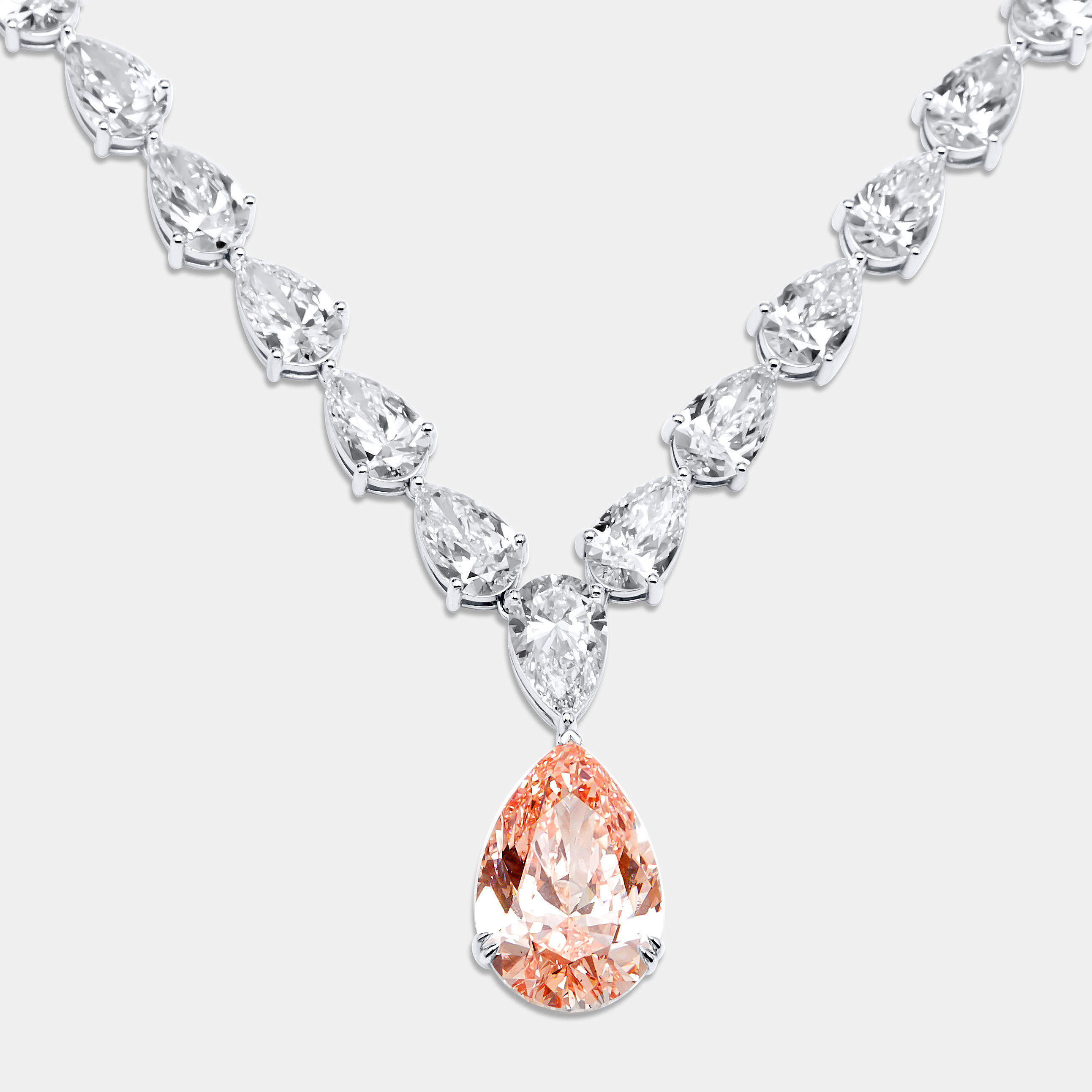 66.09 Cts Pink Pear 18K White Gold Lab Grown Diamonds Necklace