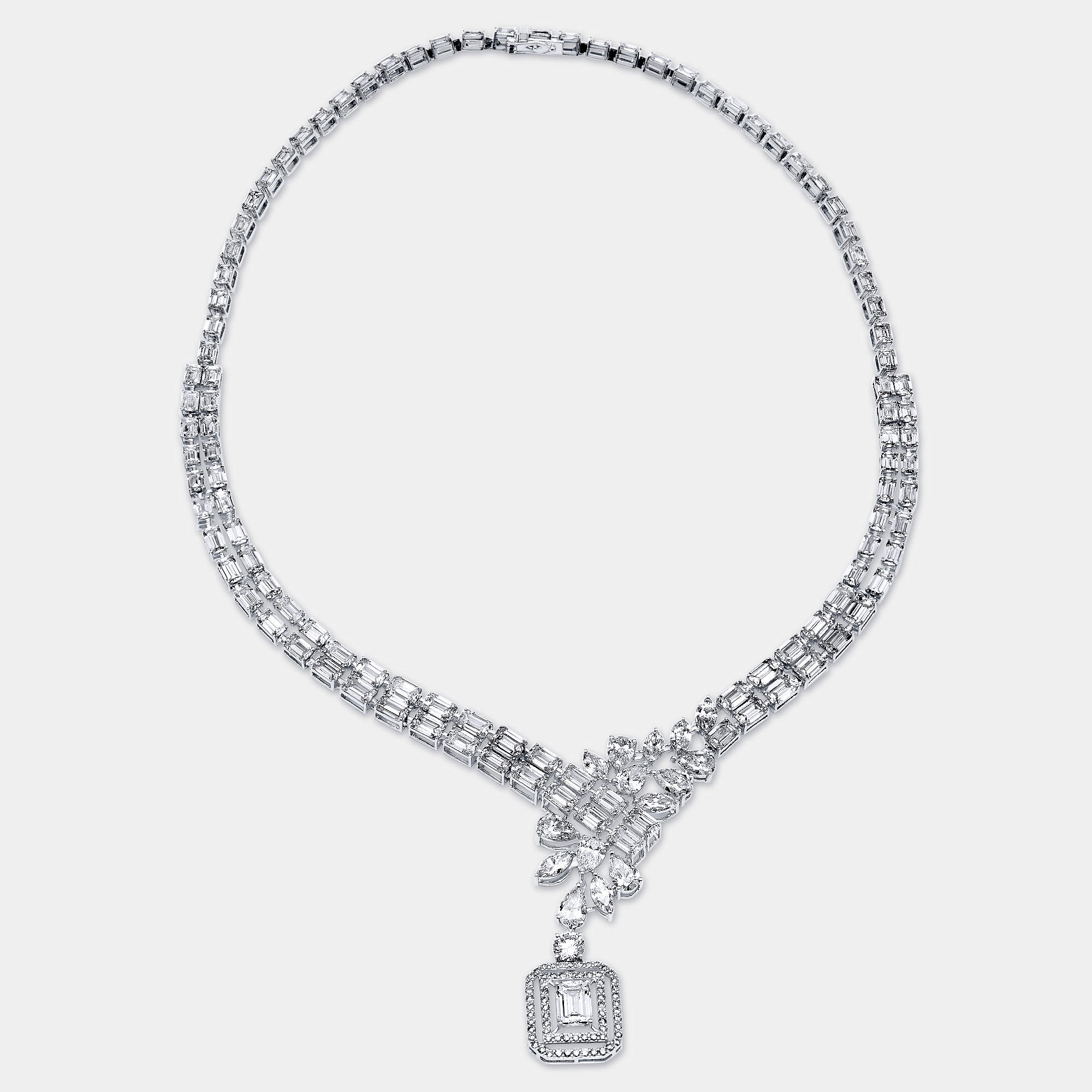 Pre Owned 41.9 Cts Pear Emerald Marquise Round 18K White Gold Lab Grown Diamonds Necklace