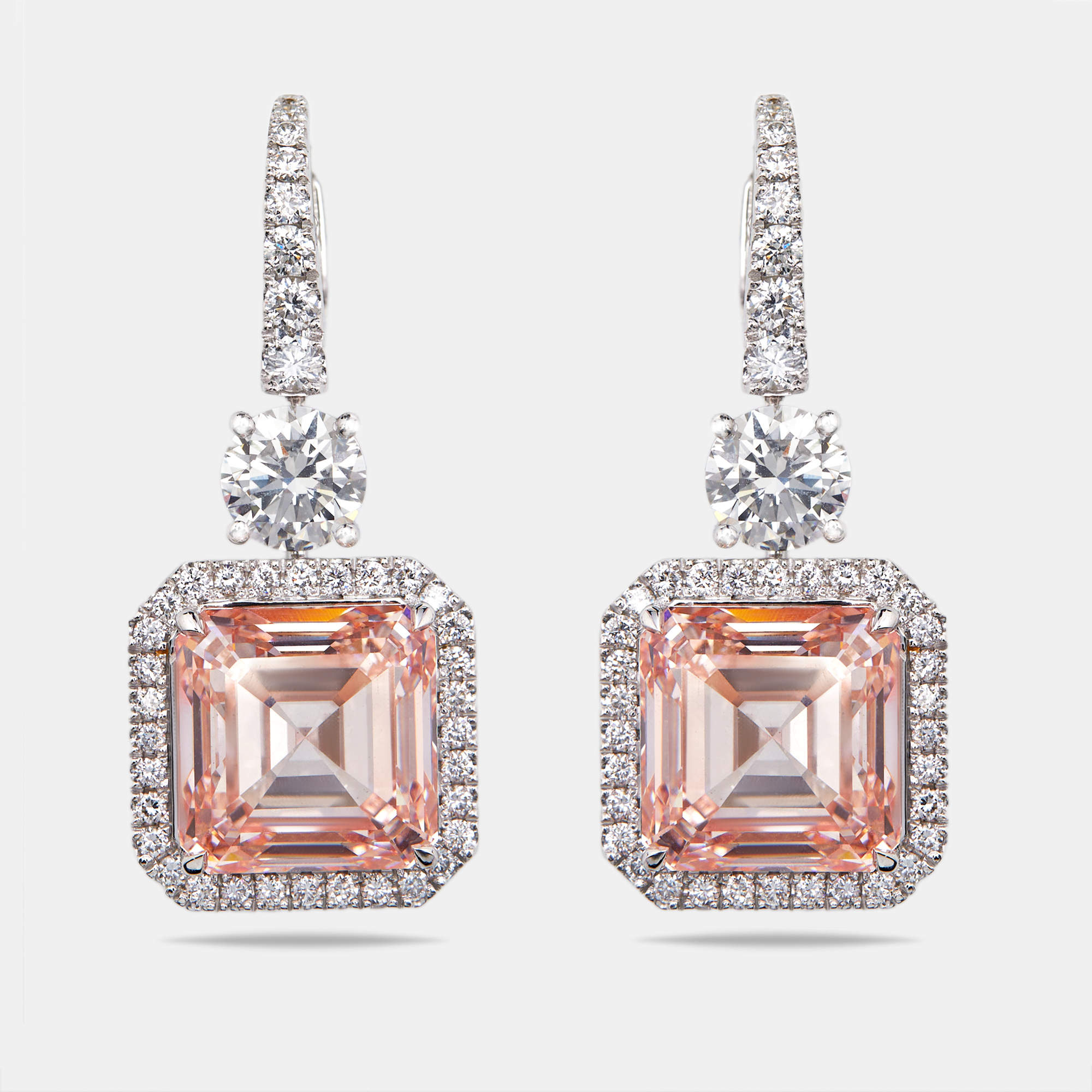 Pre Owned 23.4 cts Pink Asscher Cut Round Lab Grown Diamonds 18k White Gold Earrings