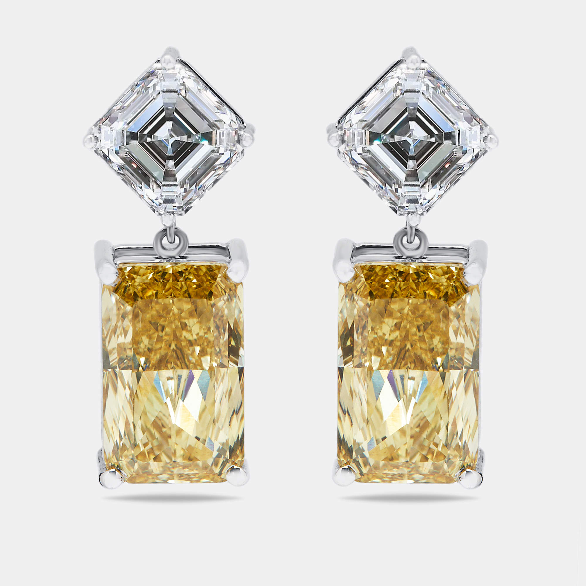 Pre Owned 28.2 cts Fancy Yellow Radiant Asscher Lab Grown Diamonds 18k White Gold Earrings