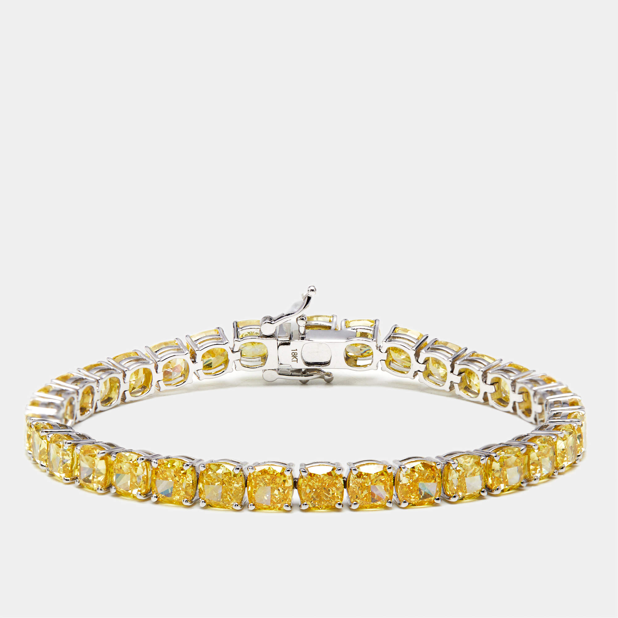 Pre Owned 27 cts Intense Yellow Cushion Lab Grown Diamonds 18k White Gold Bracelet